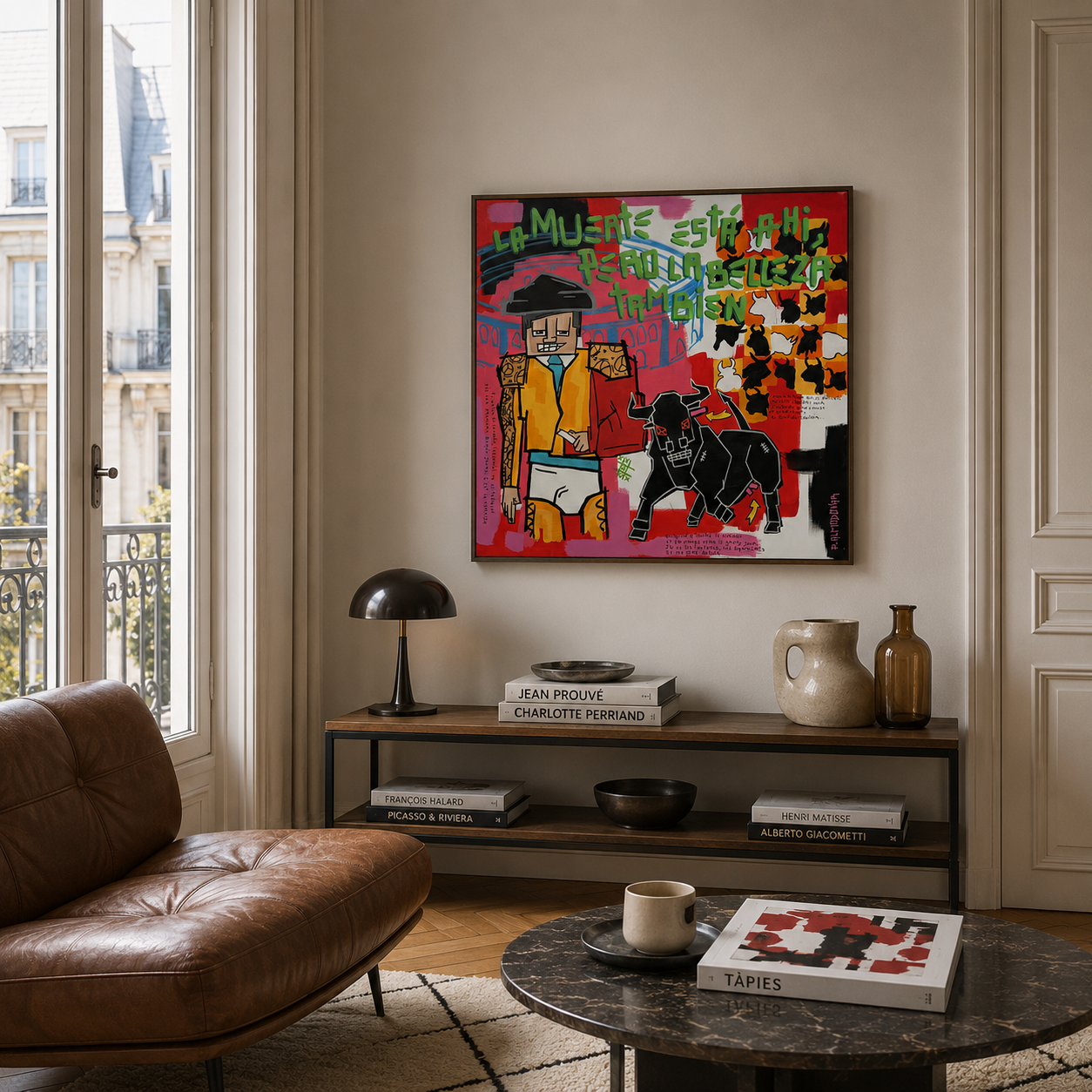 Peinture La muerte esta ahi de Patrice ALMODOVAR dans un intérieur – 80 × 80 cm