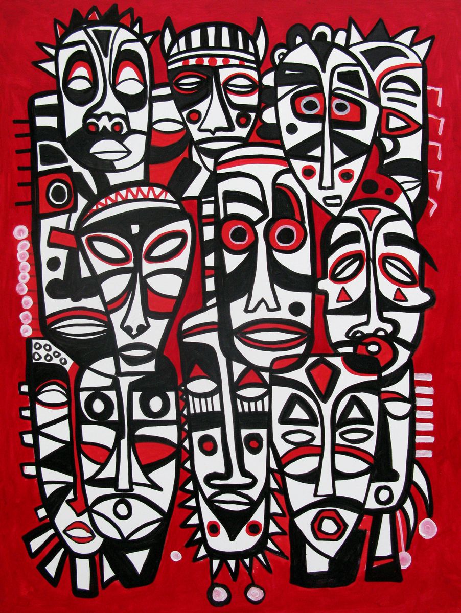 Peinture graphique très grand format 13 masks – Daniel De POLIGNAC – 97 × 130 cm