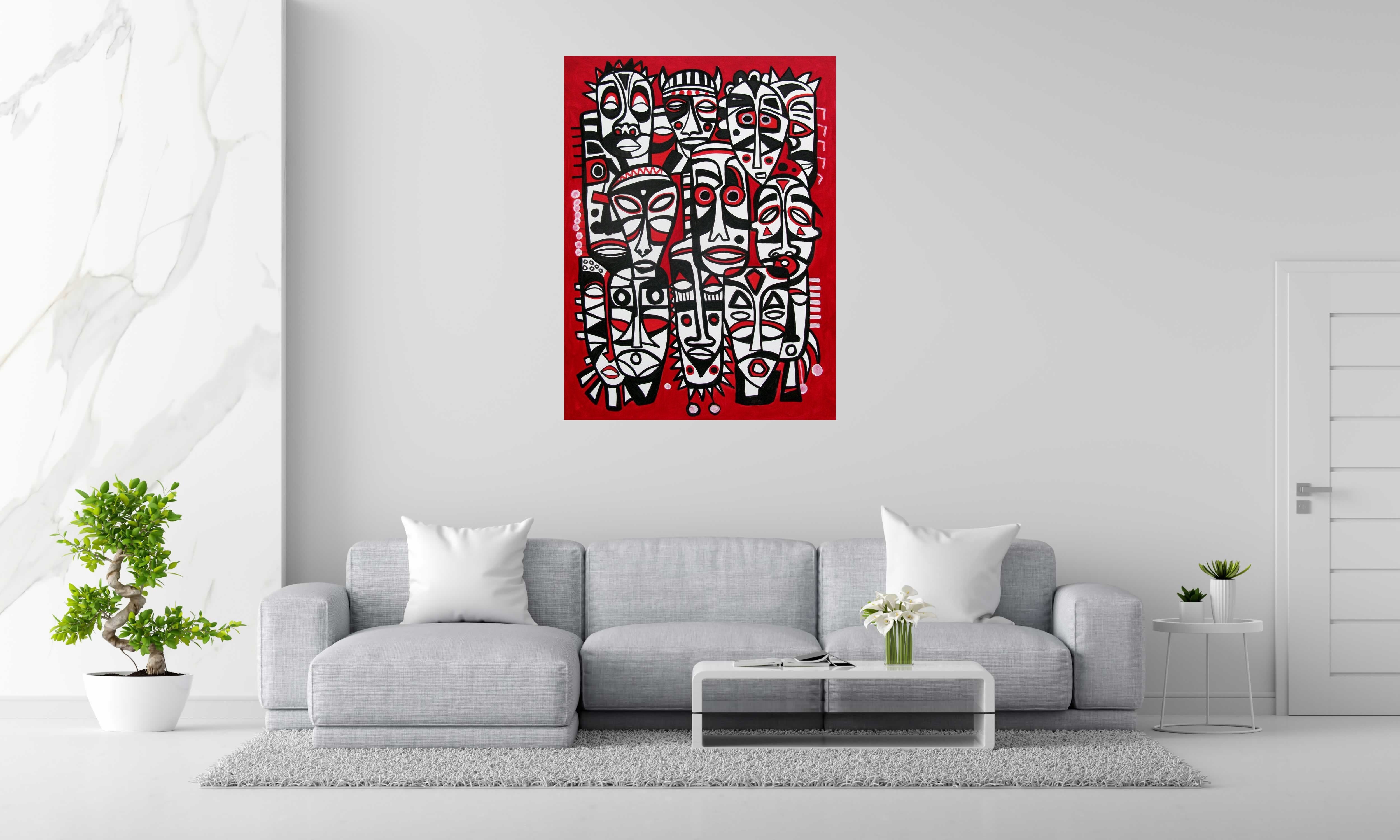 Peinture 13 masks de Daniel De POLIGNAC dans un intérieur – 97 × 130 cm