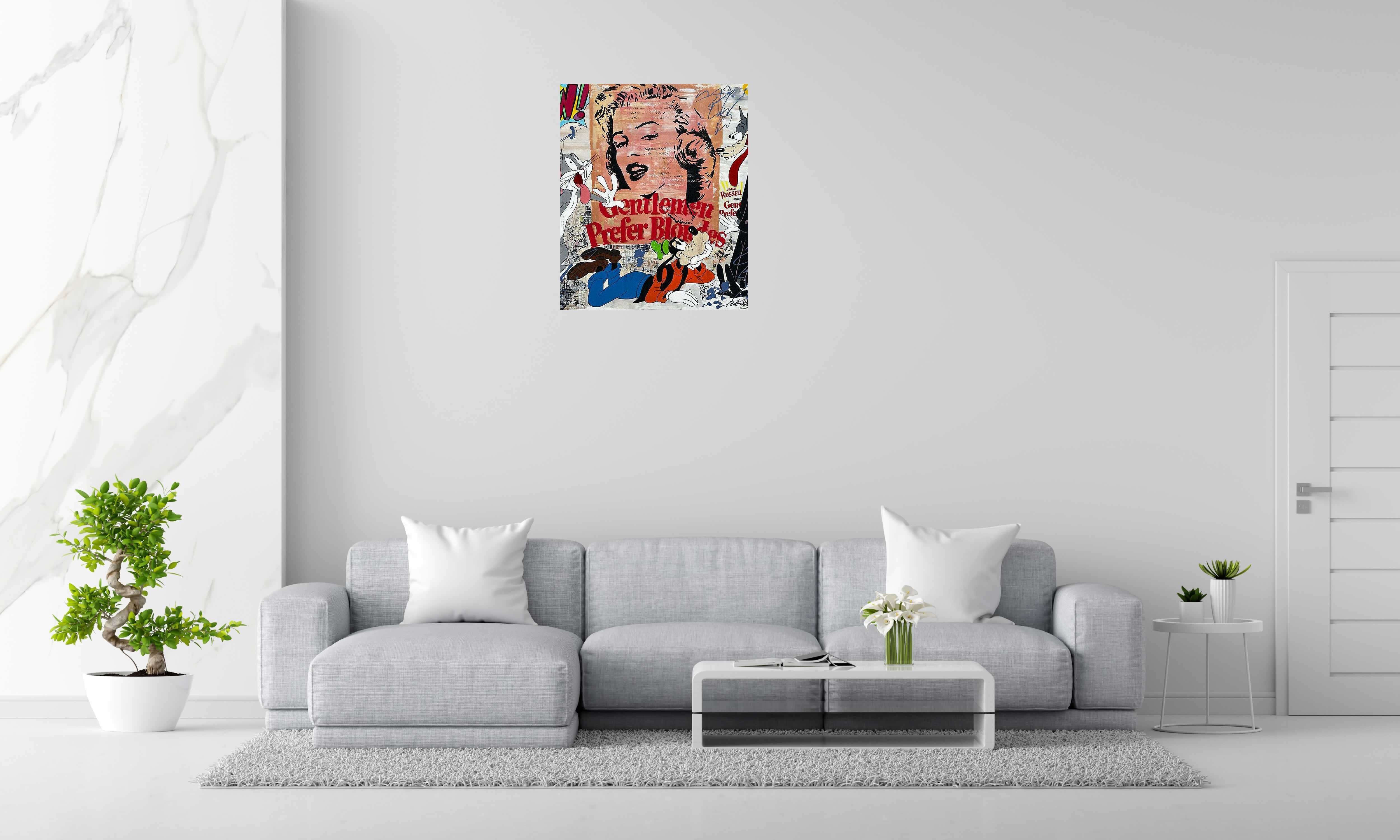 Peinture GENTLEMEN PREFER BLONDES de PATRICIA GADISSEUR dans un intérieur – 120 × 100 cm