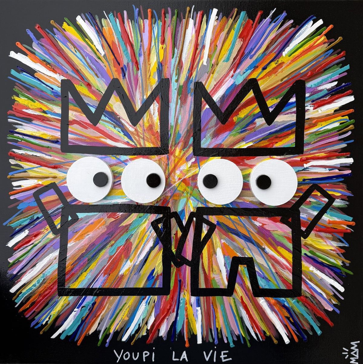 Peinture technique mixte pop art multicolore de MAM, Youpi la Vie, 40 x 40 cm