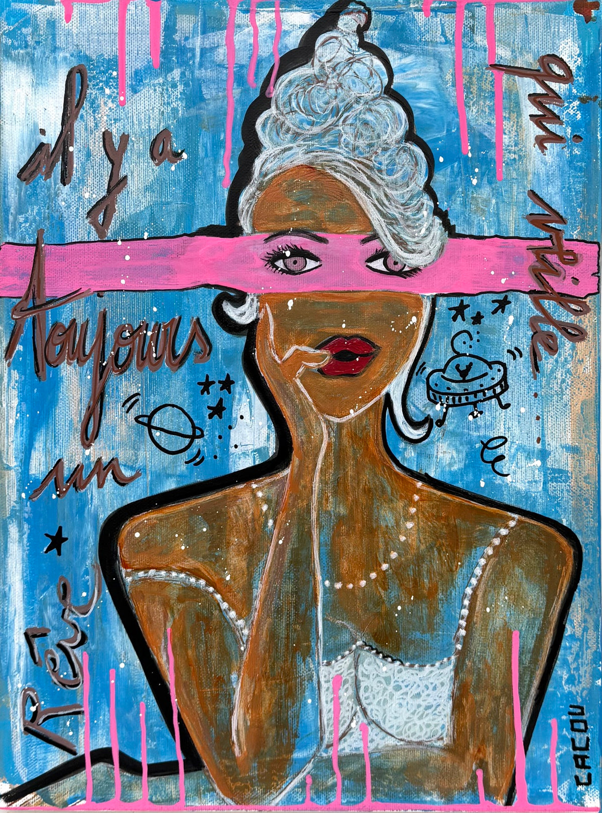 Peinture rose et bleue de Cacou, technique mixte acrylique collage et posca sur toile, petit format 30x40 cm