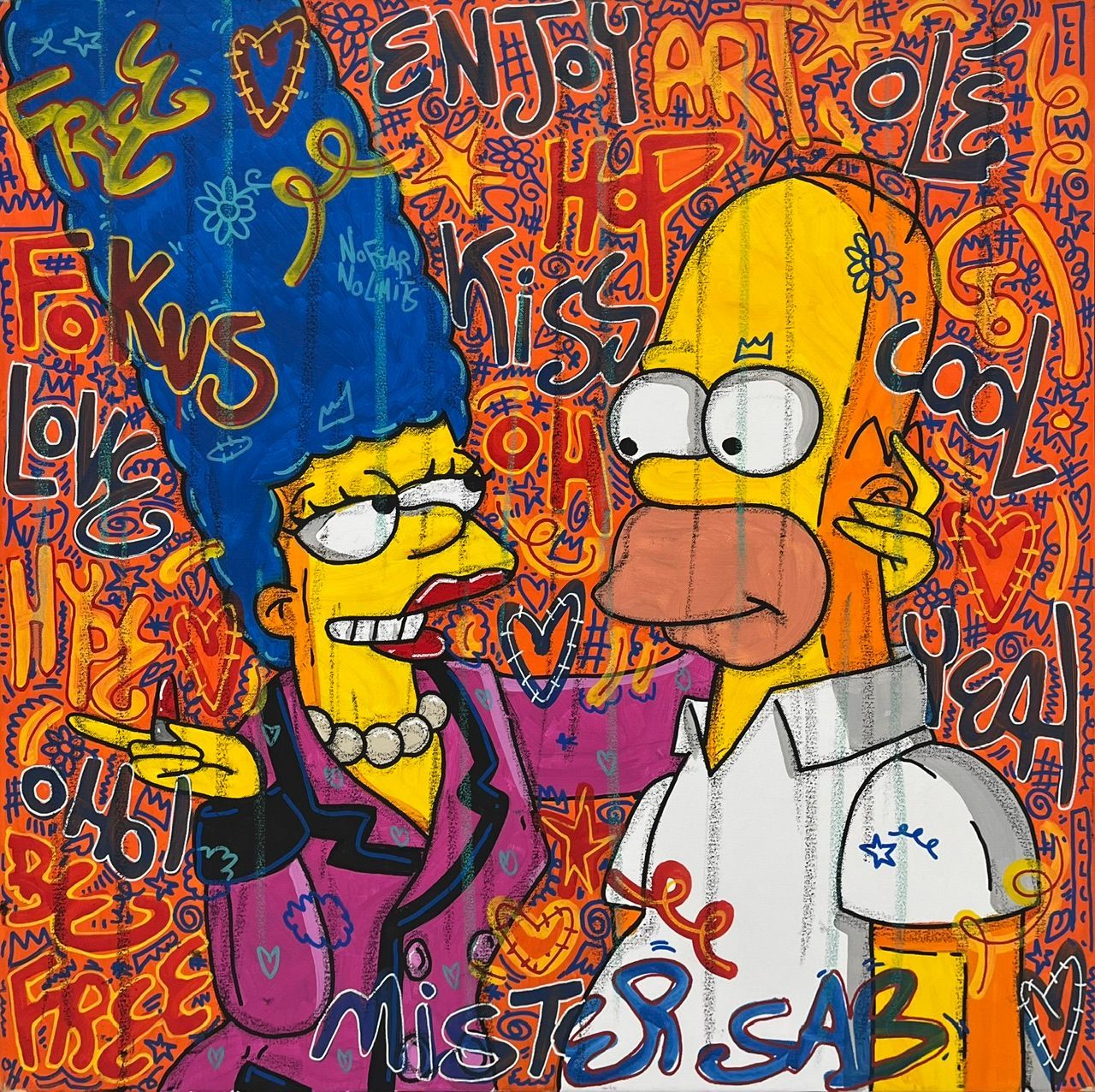 Peinture street art format xxl vert et violet Enjoy Kiss – RICO SAB – 80 × 80 cm