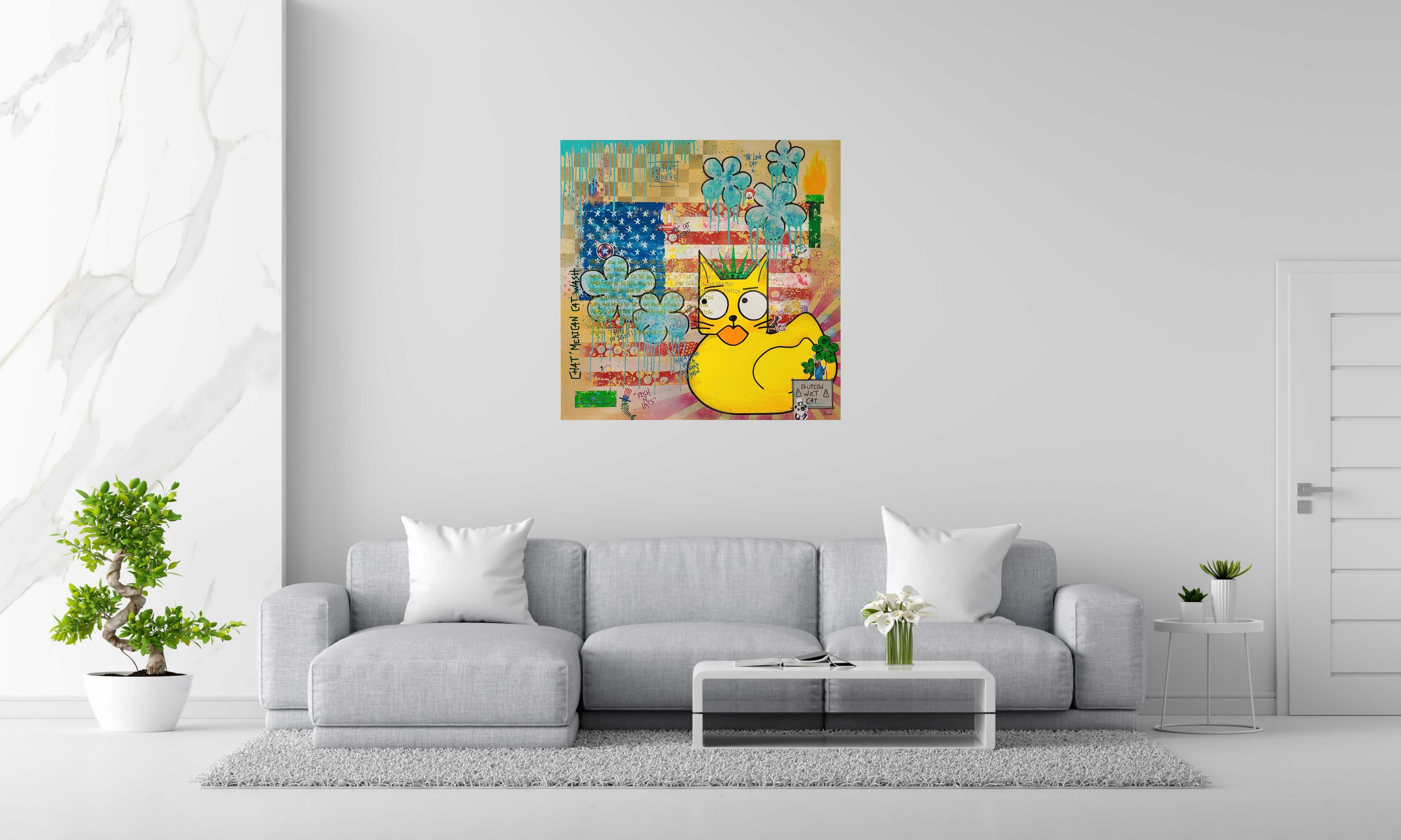 Peinture Chat'merican Cat Wash de Stephanie Godann dans un intérieur – 100 × 100 cm
