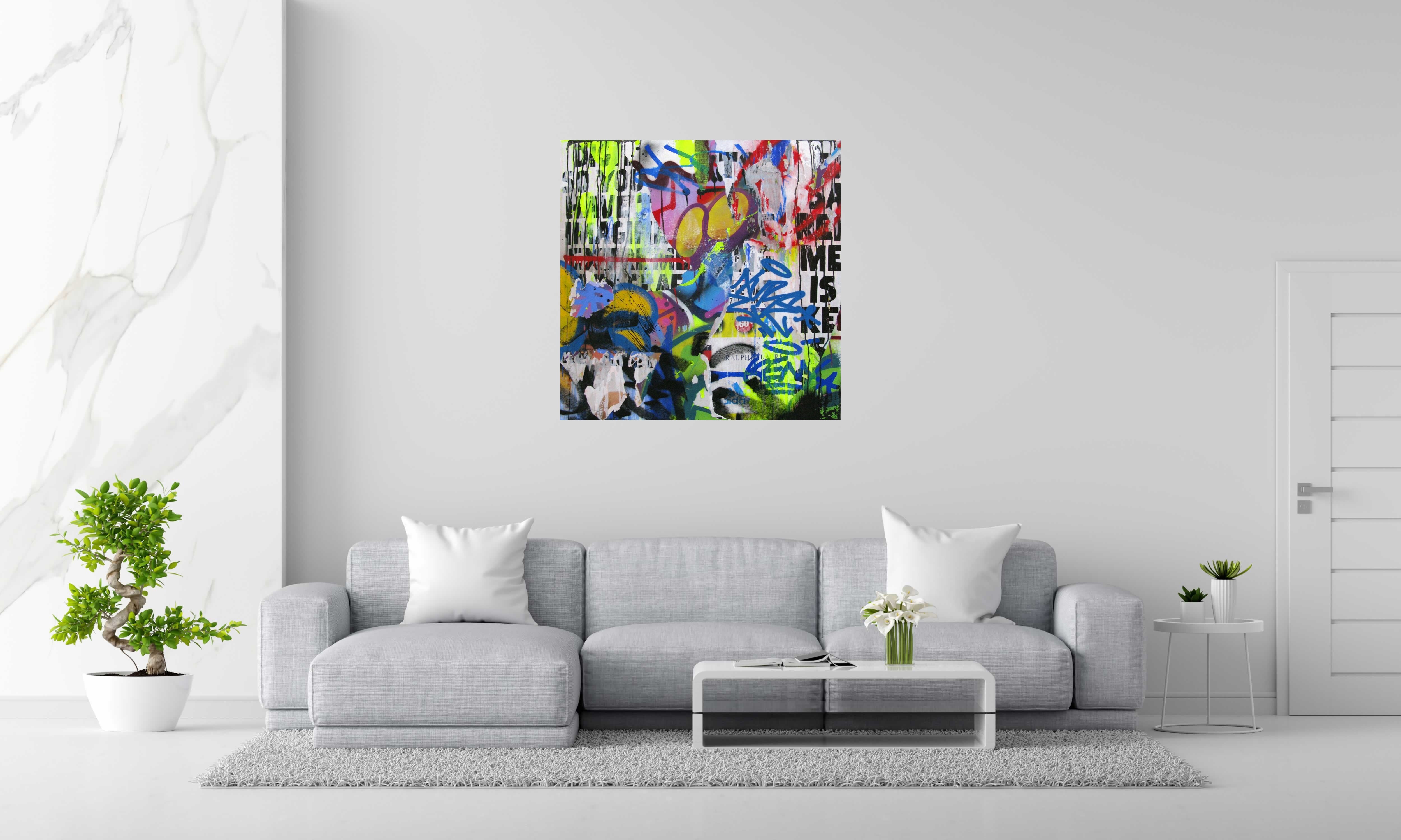 Peinture Spray Lovers de KENY dans un intérieur – 100 × 100 cm