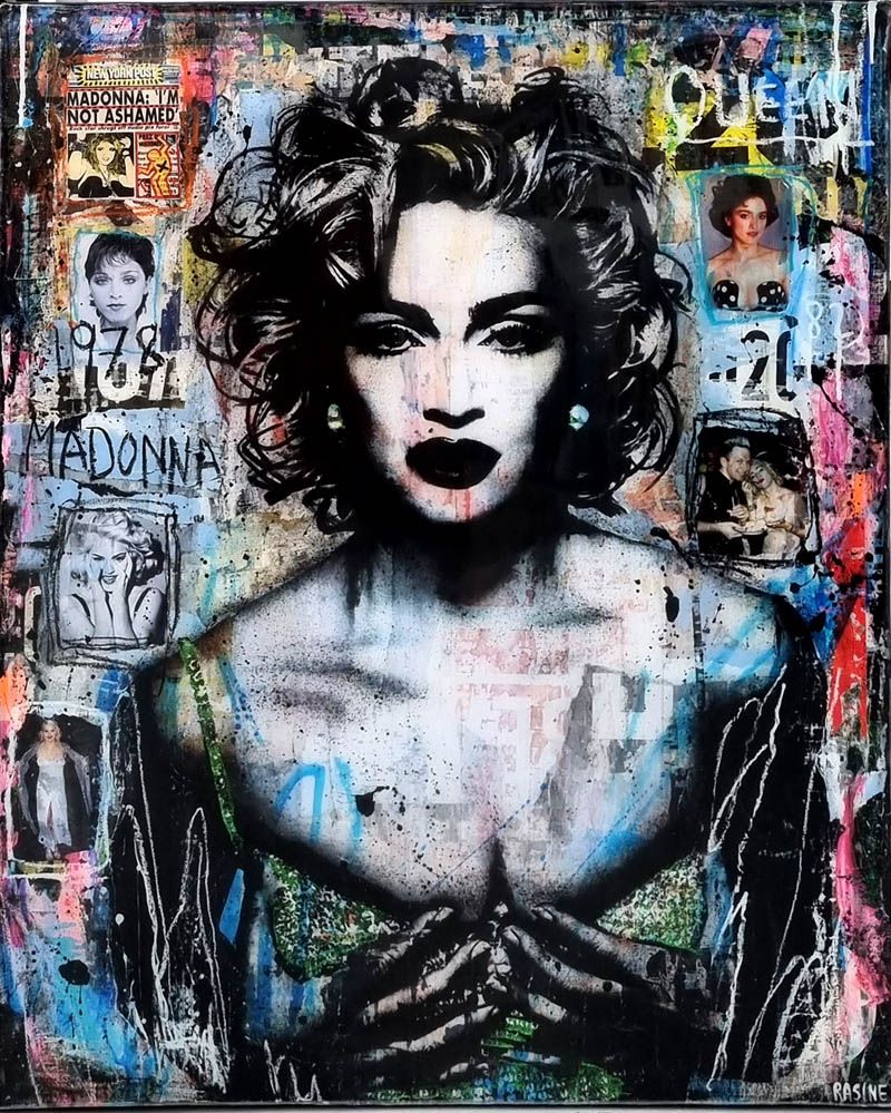 Peinture street art grande taille noir et rouge I'm not ashamed Madonna – THIERRY RASINE – 81 × 100 cm