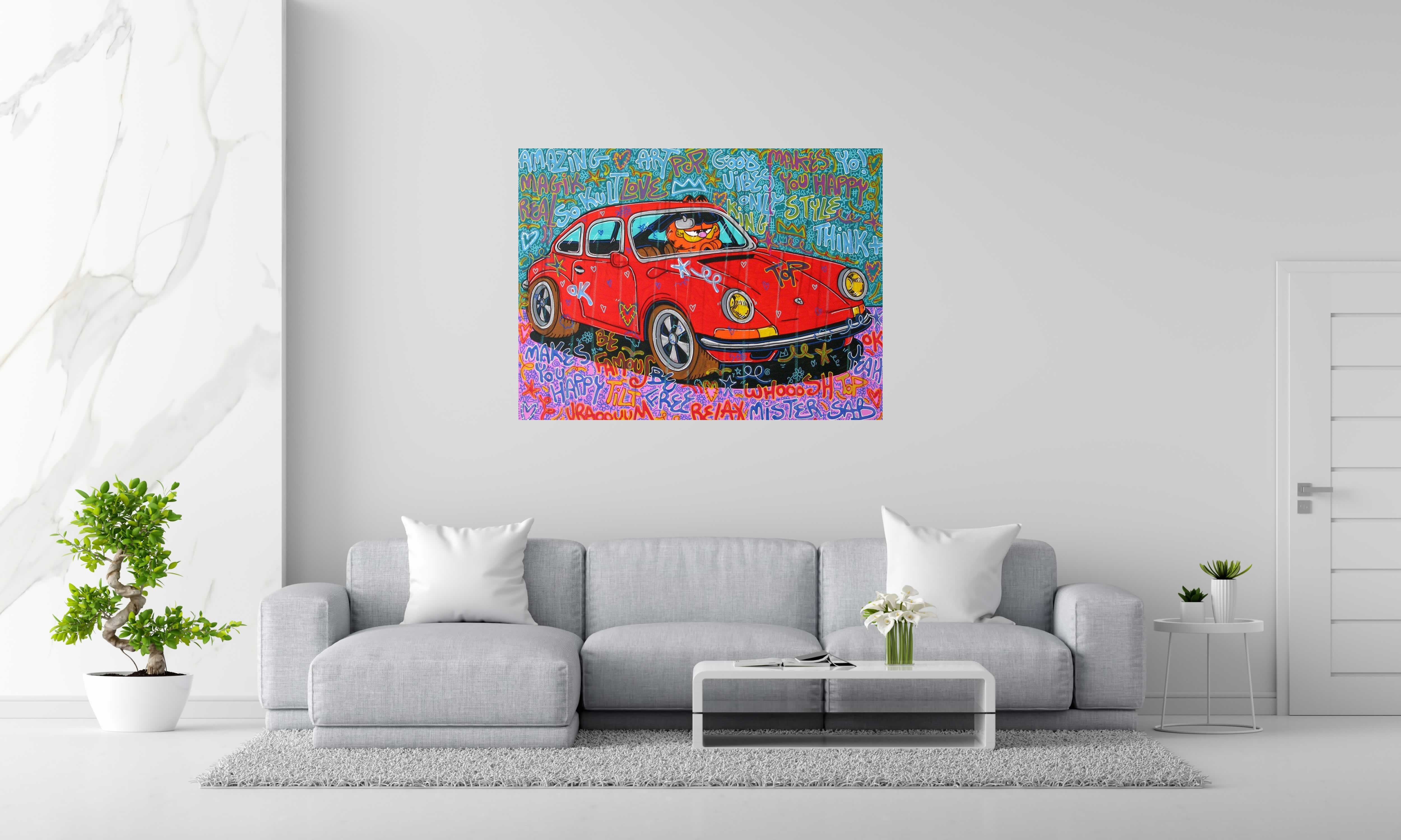 Peinture Good vibes Garfield de RICO SAB dans un intérieur – 130 × 97 cm