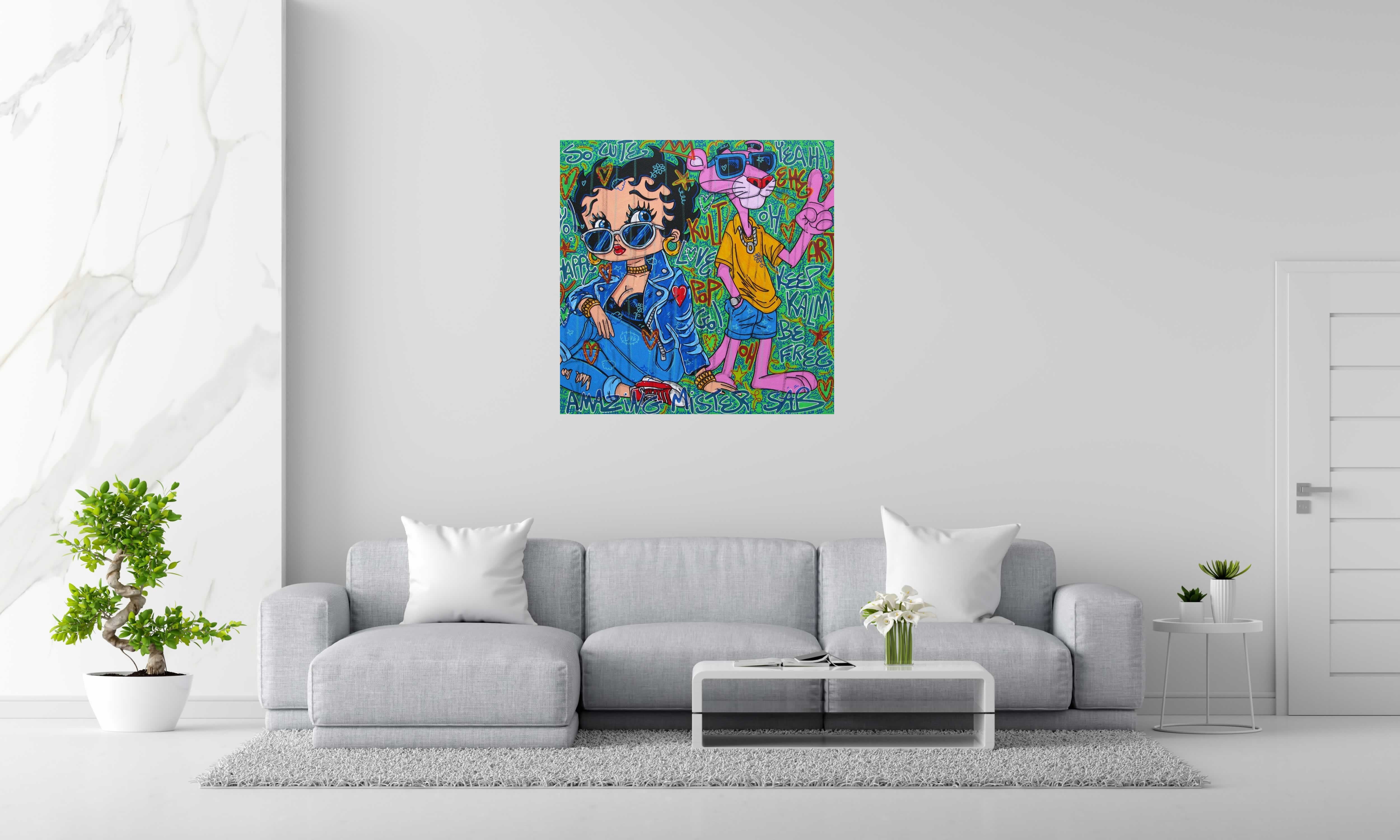 Peinture Keep kalm be free de RICO SAB dans un intérieur – 100 × 100 cm