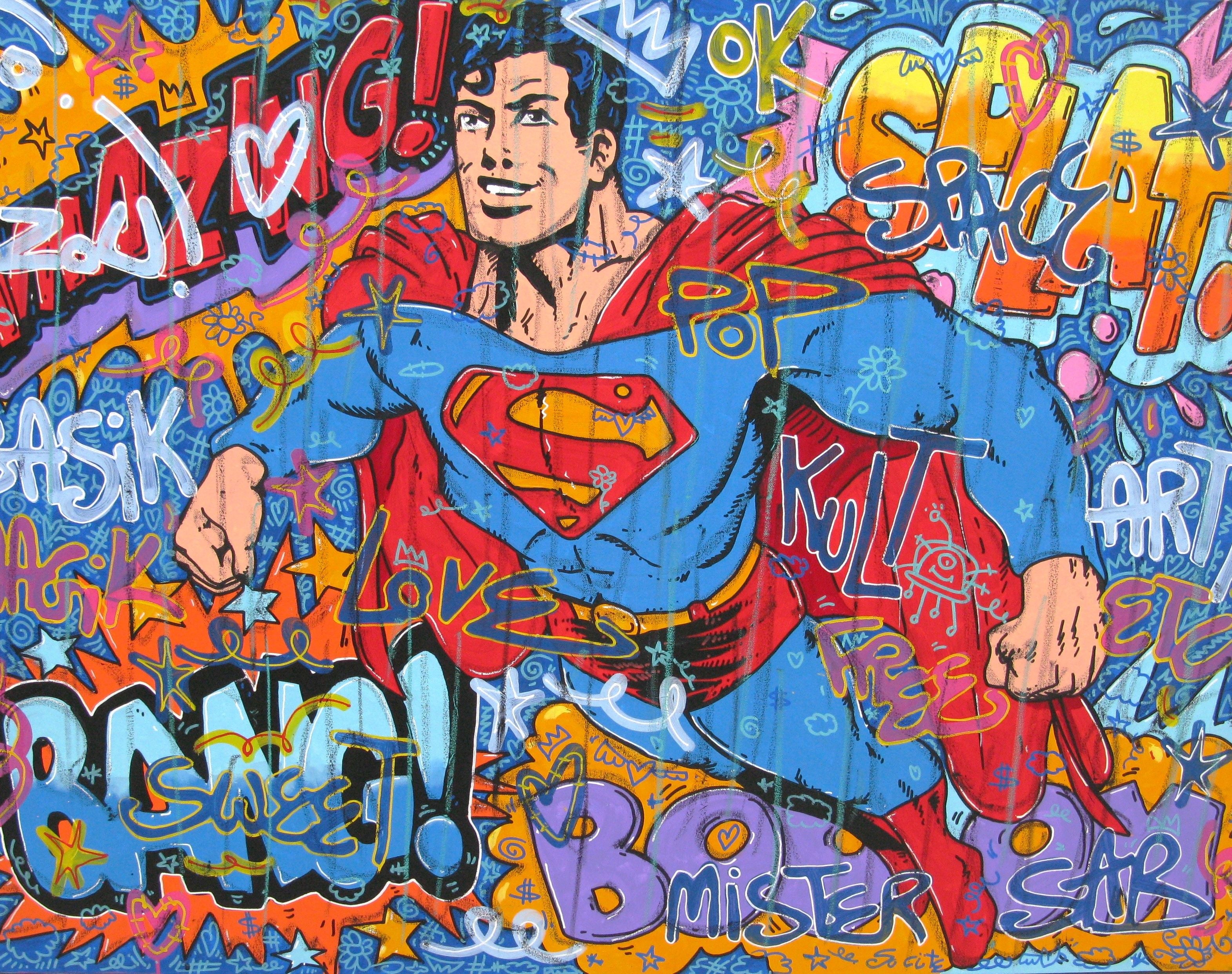 Peinture street art grande taille Superman – RICO SAB – 97 × 130 cm