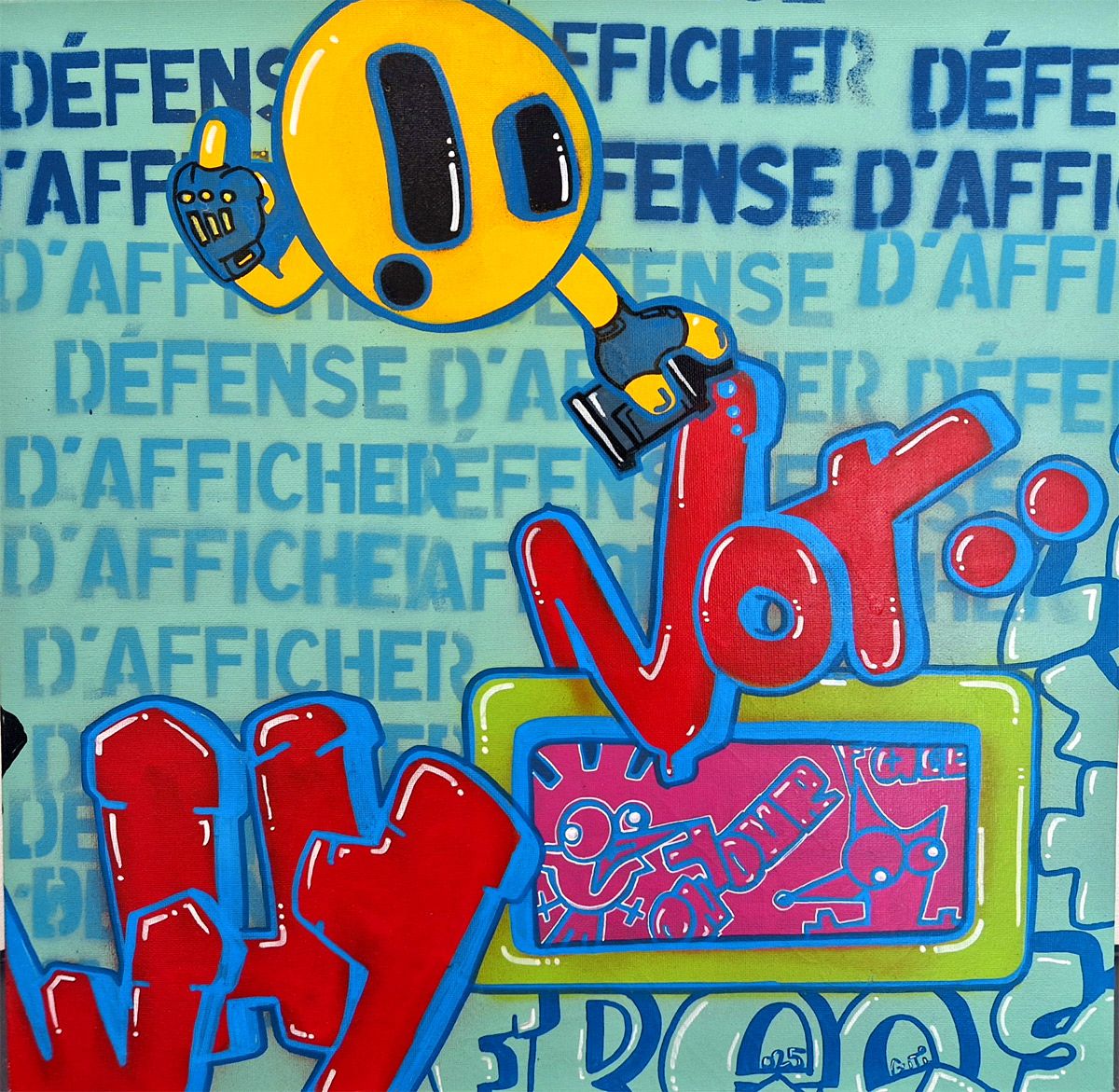 Peinture street art moyen format bleu Outrage – GUTI – 50 × 50 cm