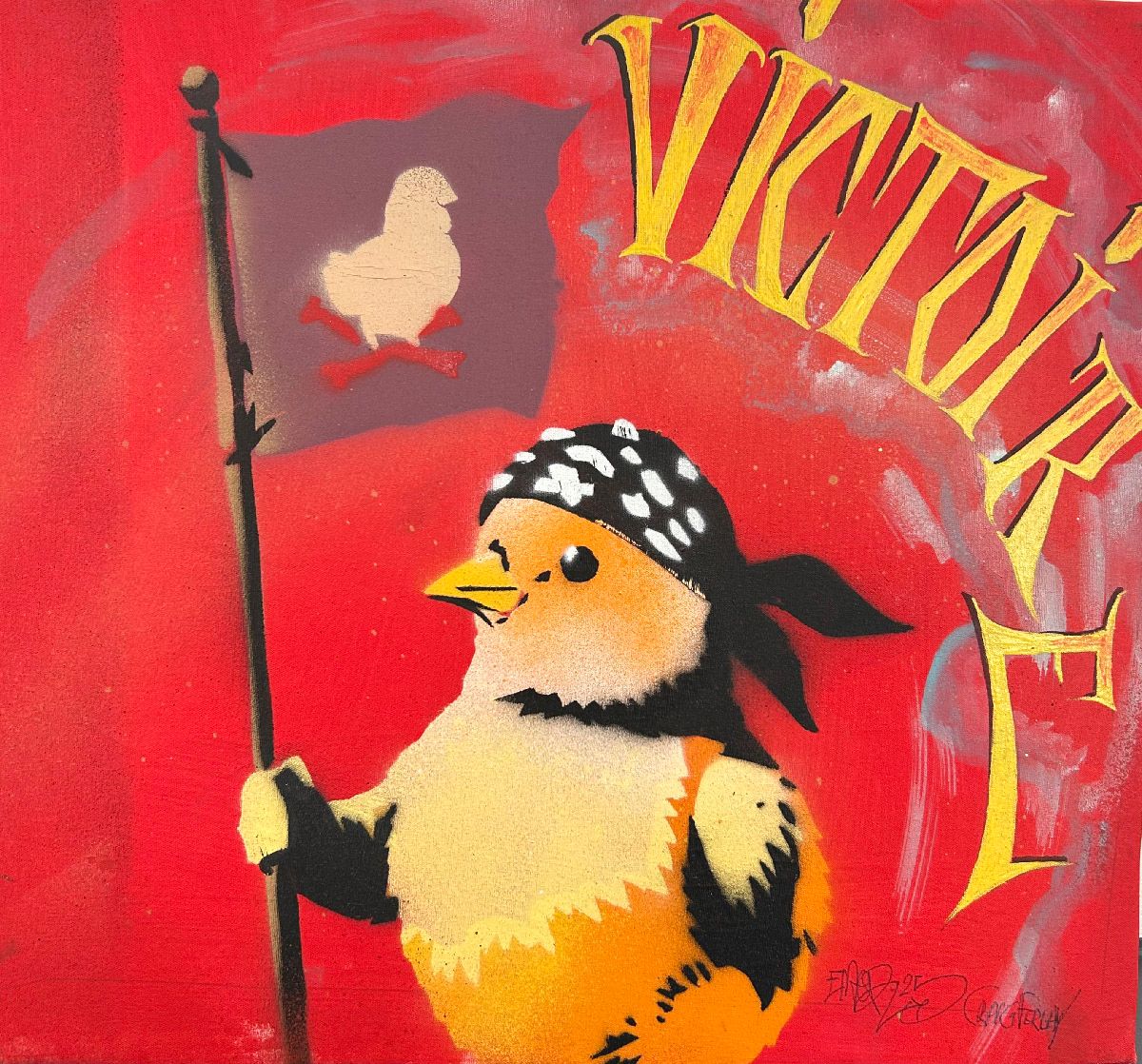 Peinture street art petit format jaune et rouge Victory – Craig & Emer – 31 × 29 cm