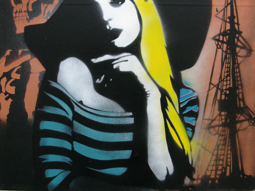 Peinture street art petit format Margaux attend sur le port – KARO TRASS – 55 × 40 cm