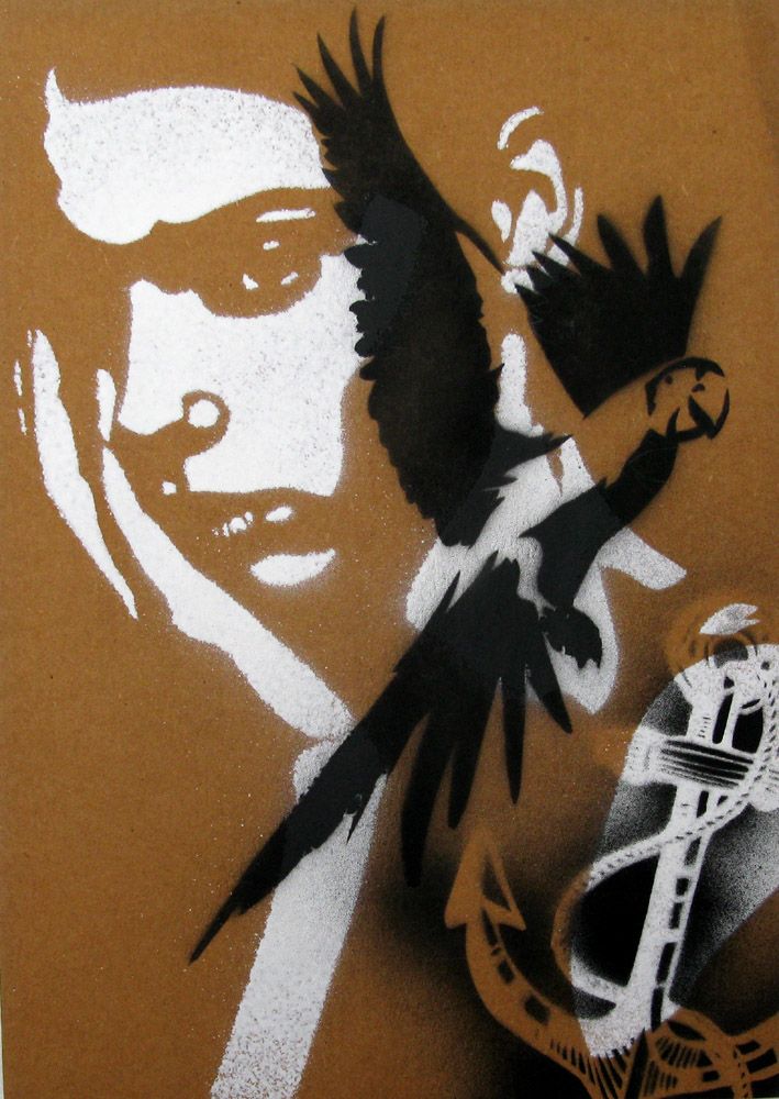 Peinture street art petit format noir et ocre Lucie et son perroquet – KARO TRASS – 30 × 21 cm