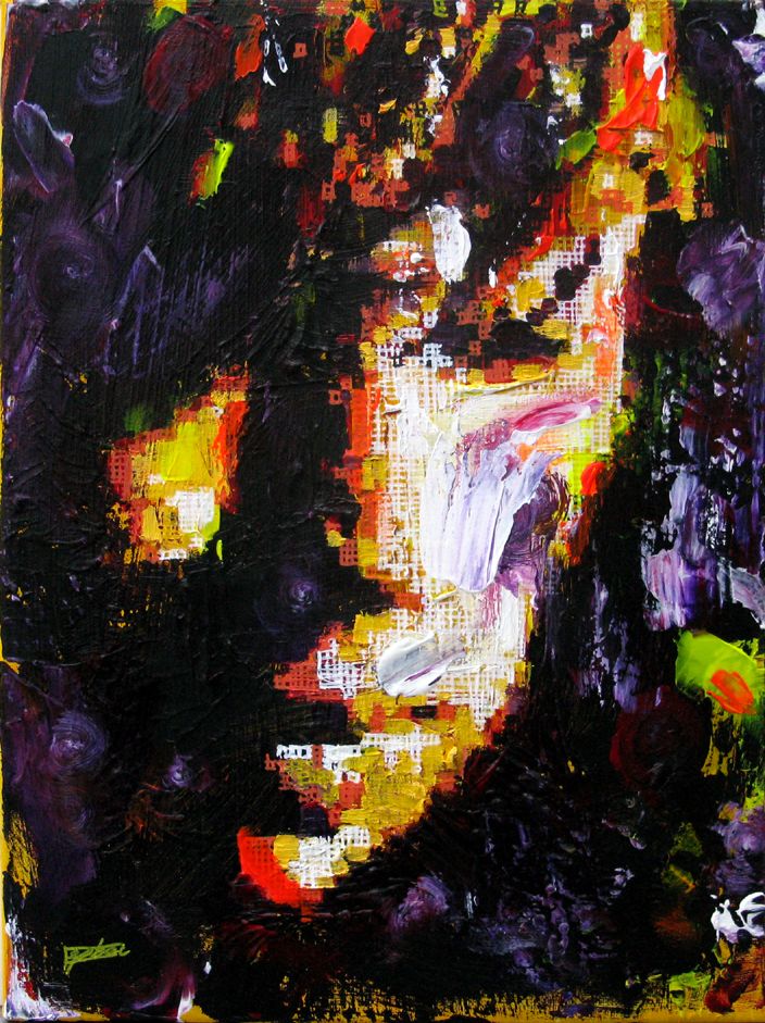 Peinture street art petit format orange et rose Réappropriation Humaine-Visage de ville 2 – NICOLAS JESBAC – 30 × 40 cm