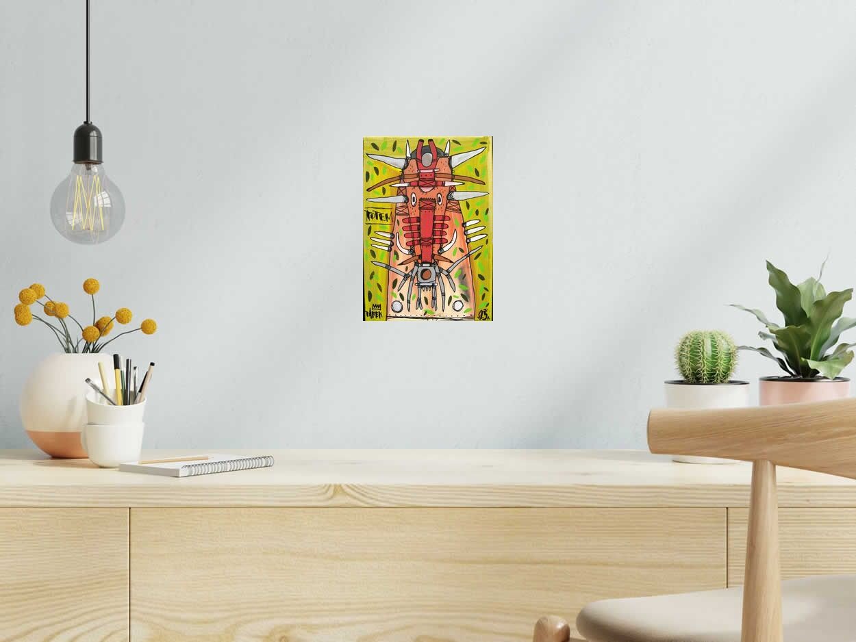 Peinture Totem Jaune de TAREK dans un intérieur – 19 × 27 cm
