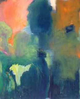 Peinture abstraite acrylique aux tons vert et orange sur toile, grand format, Alice Achen