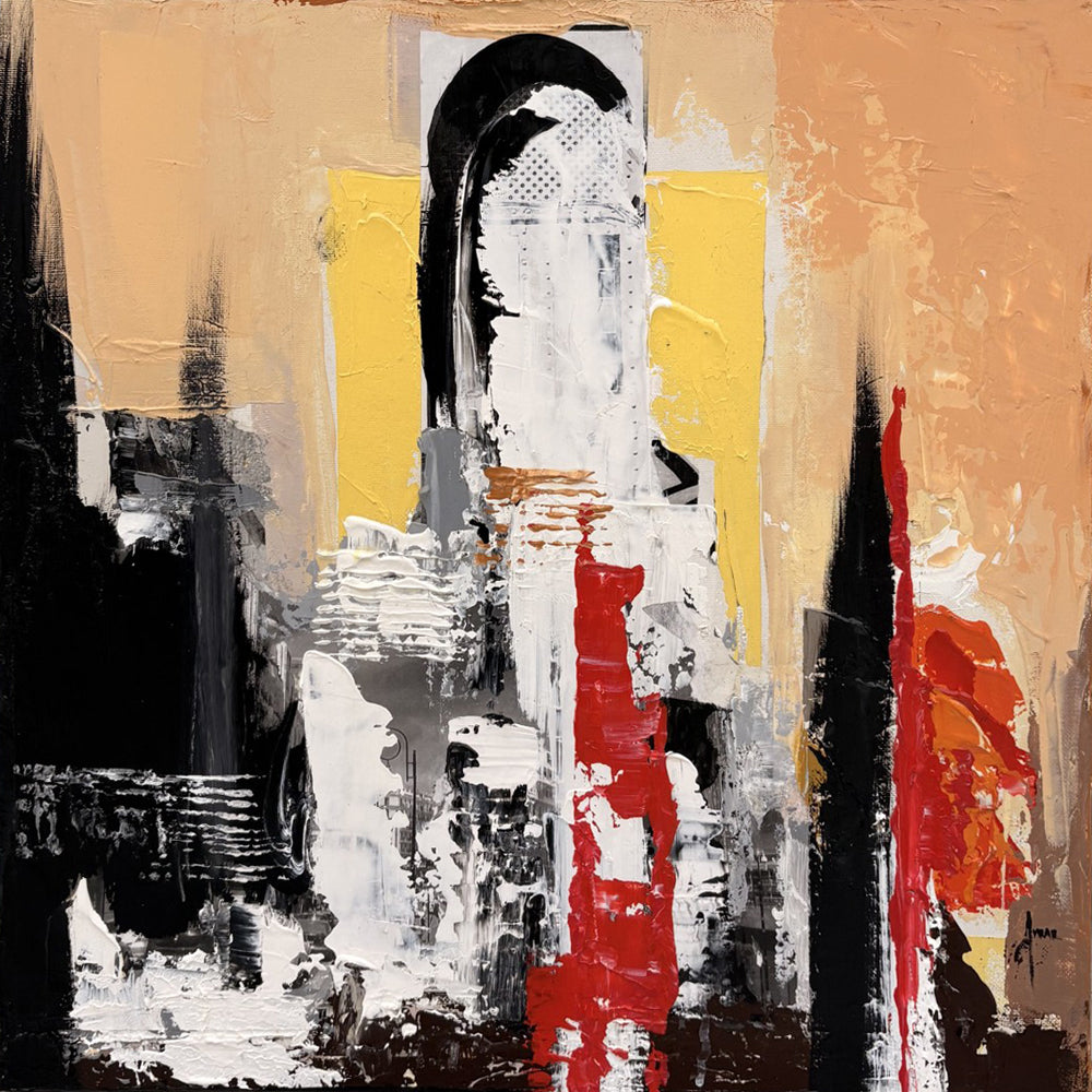 Peinture abstraite acrylique ocre et noir de Farid Amrar, 50 x 50 cm