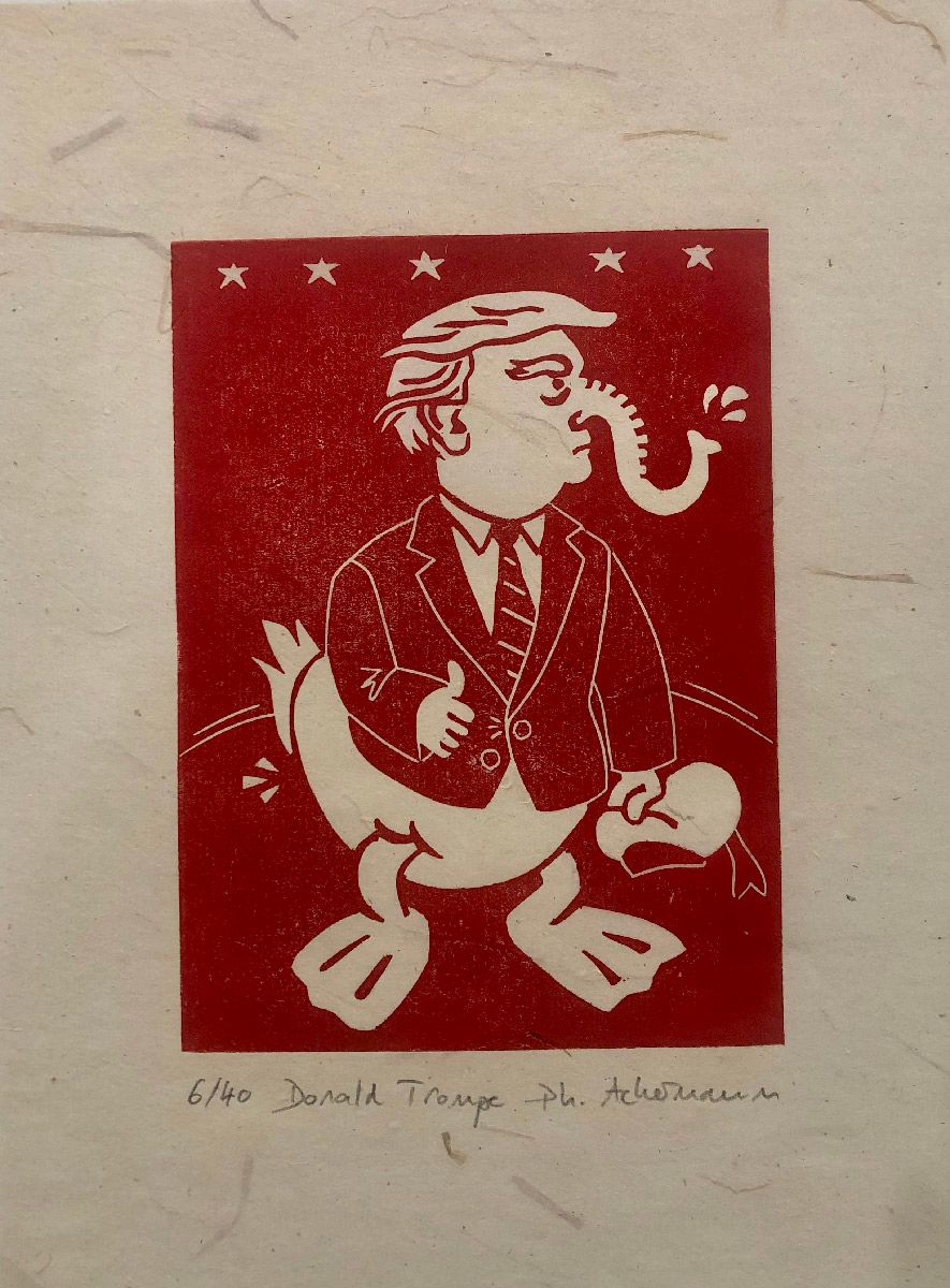 Editions d'art de PHILIPPE ACHERMANN a pour titre Donald trompe rouge style graphique dim : PHILIPPE ACHERMANNprix:40