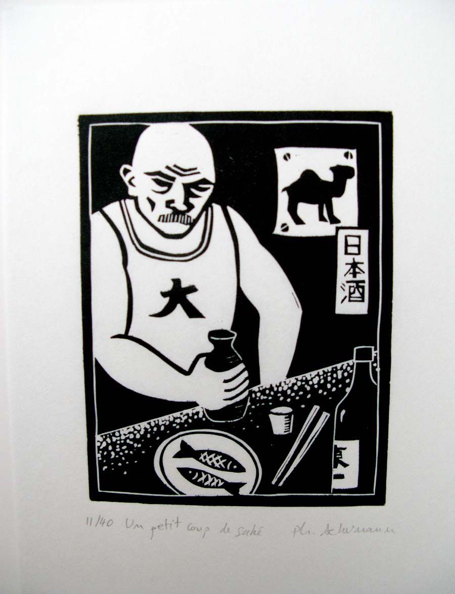 Dessin de PHILIPPE ACHERMANN a pour titre UN PETIT COUP DE SAKE style graphique dim : PHILIPPE ACHERMANNprix:40