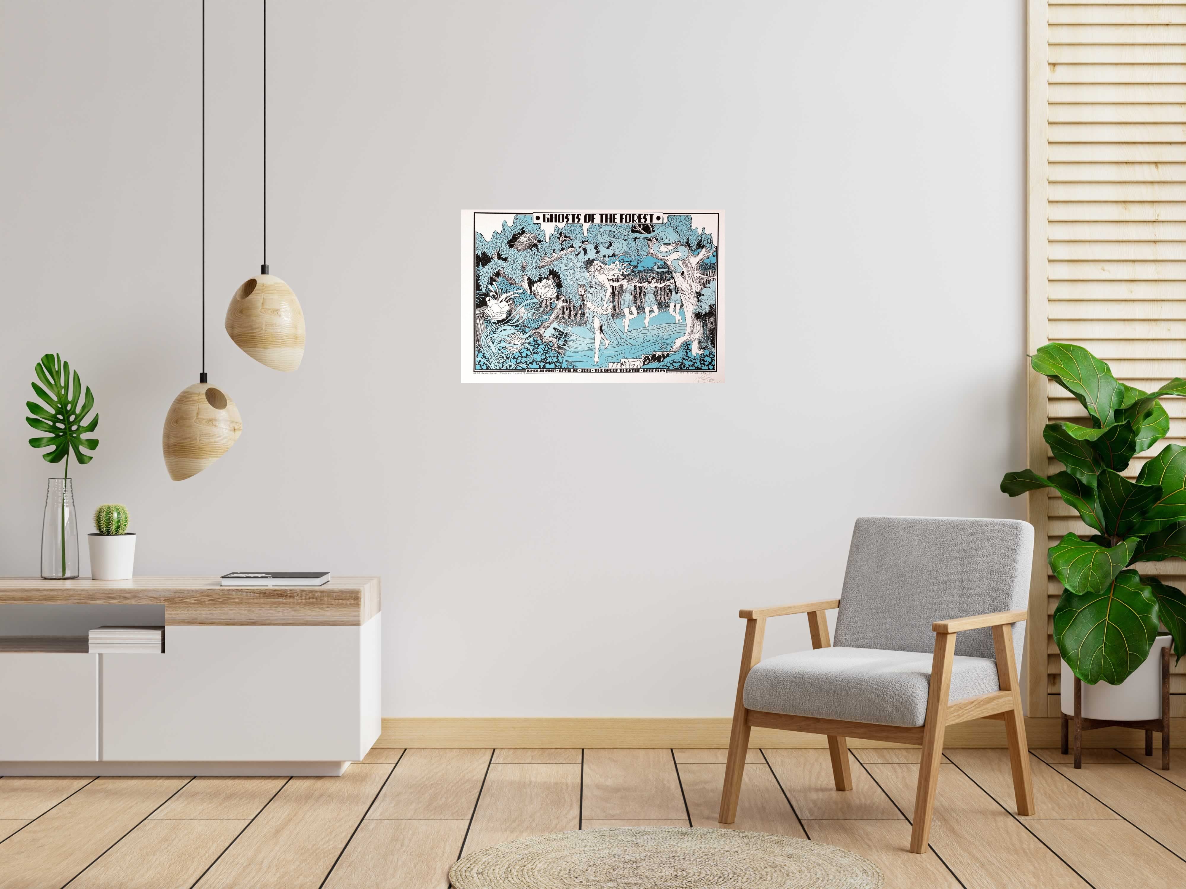 Serigraphie GHOSTS OF THE FOREST test bleu de CHUCK SPERRY dans un intérieur – 89 × 58 cm