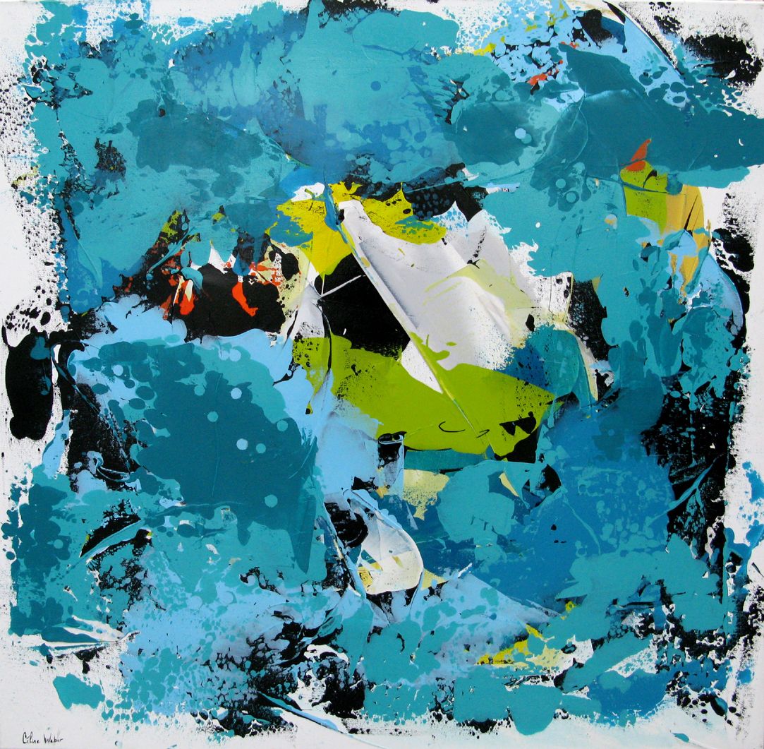 Tableau abstrait format xxl Turquoise Boréale – CELINE WEBER – 80 × 80 cm