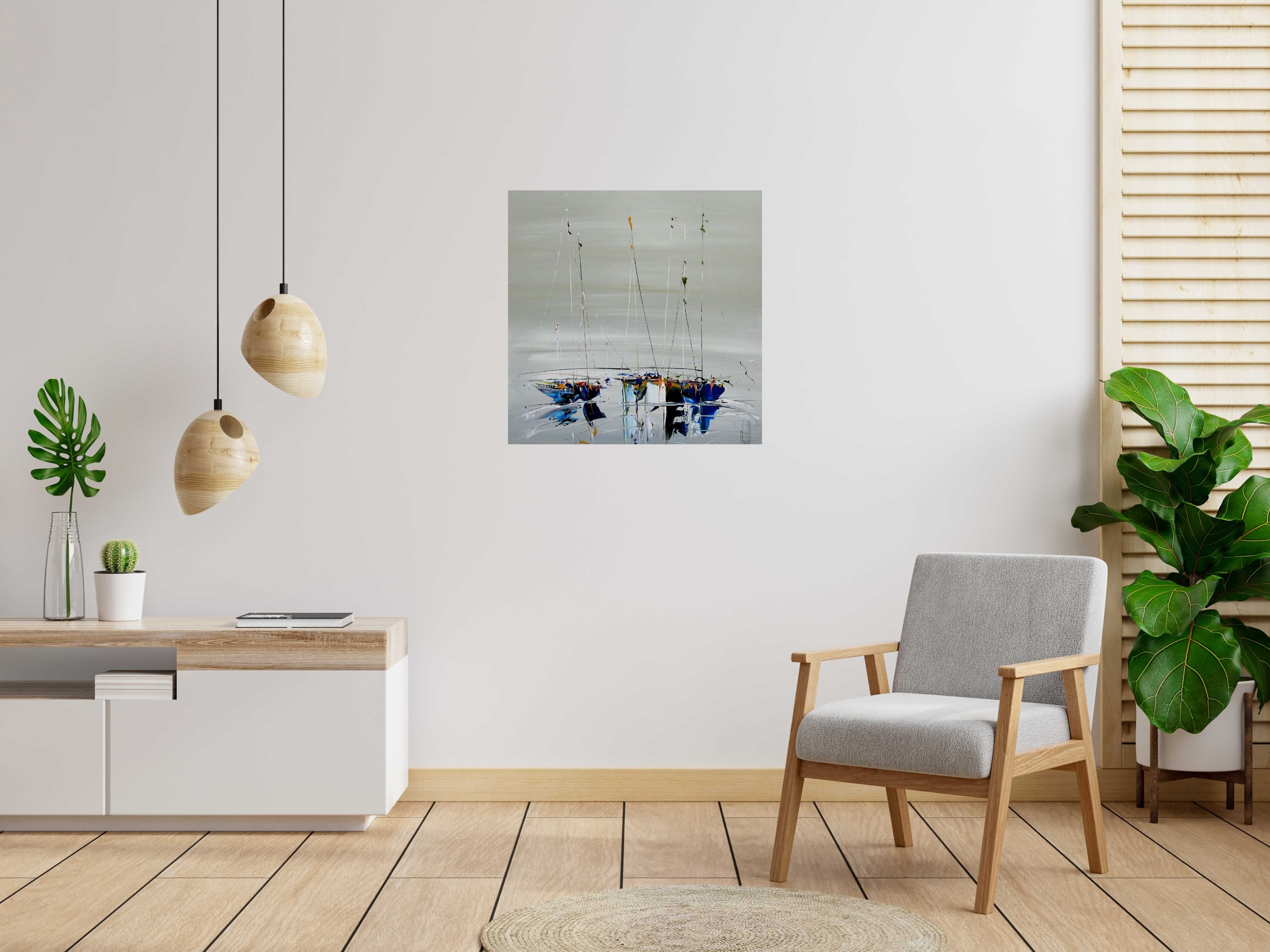 Tableau MARINE ABSTRAITE 2024-47 de F. BOUTET dans un intérieur – 80 × 80 cm