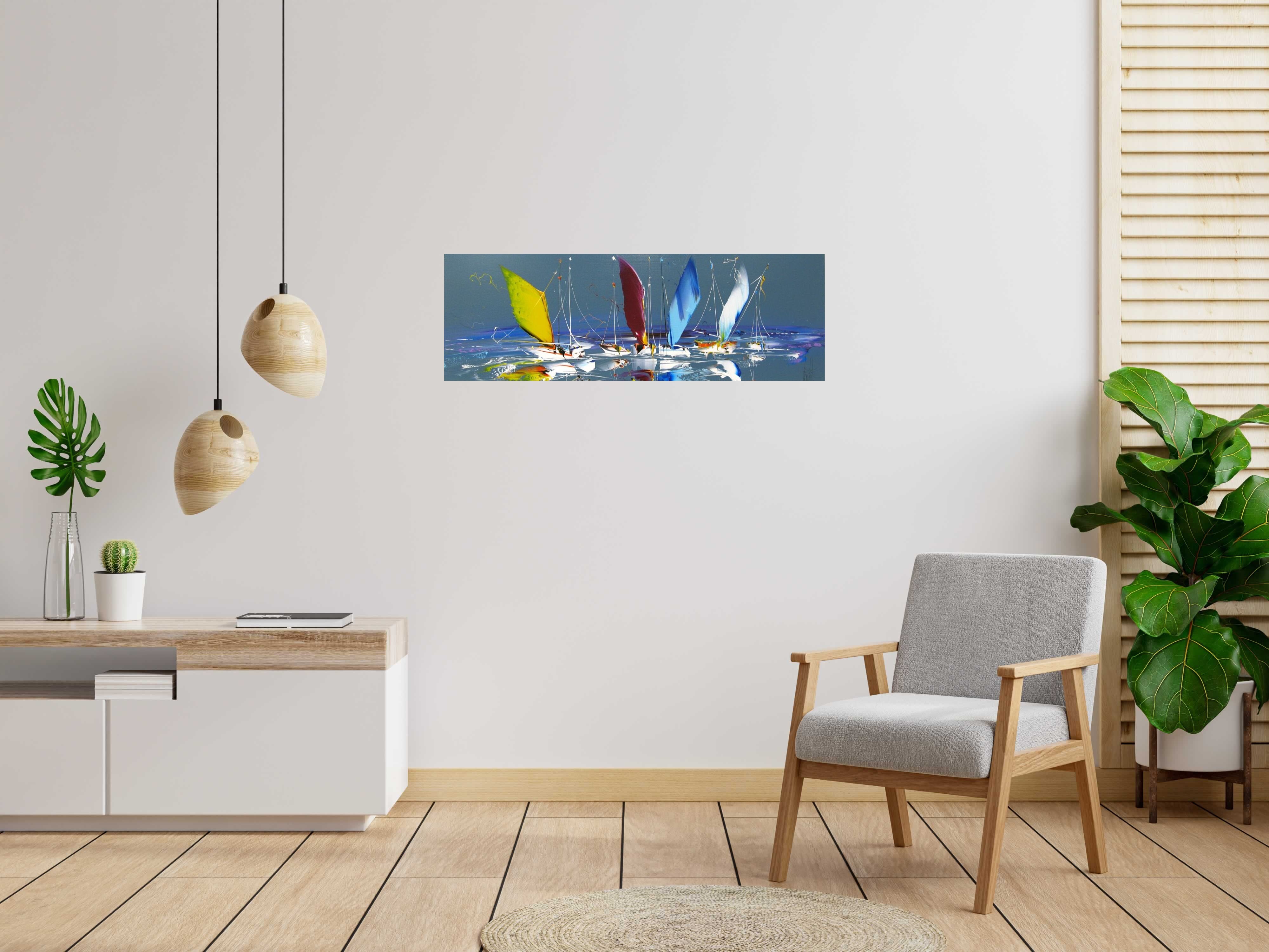 Tableau MARINE ABSTRAITE 2024-61 de F. BOUTET dans un intérieur – 120 × 40 cm