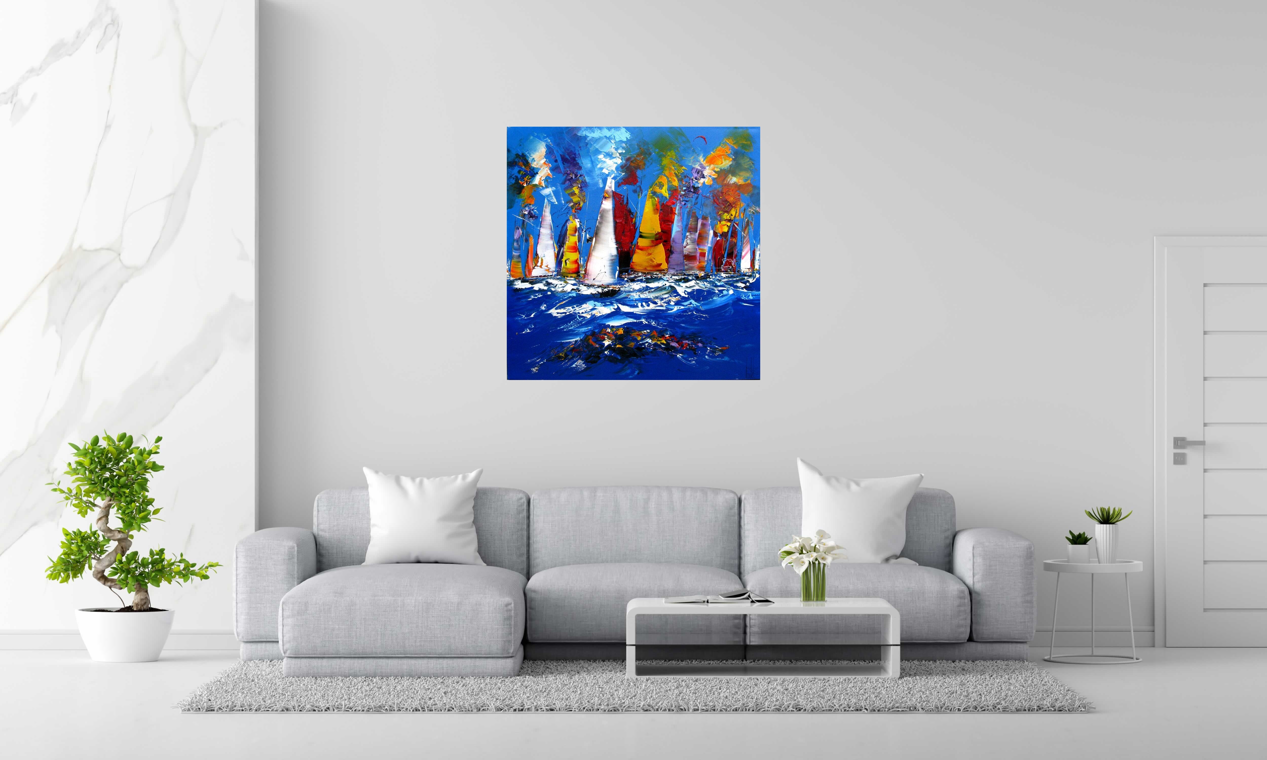 Tableau REGATE A LA TOMBE DE LA NUIT de F. BOUTET dans un intérieur – 100 × 100 cm