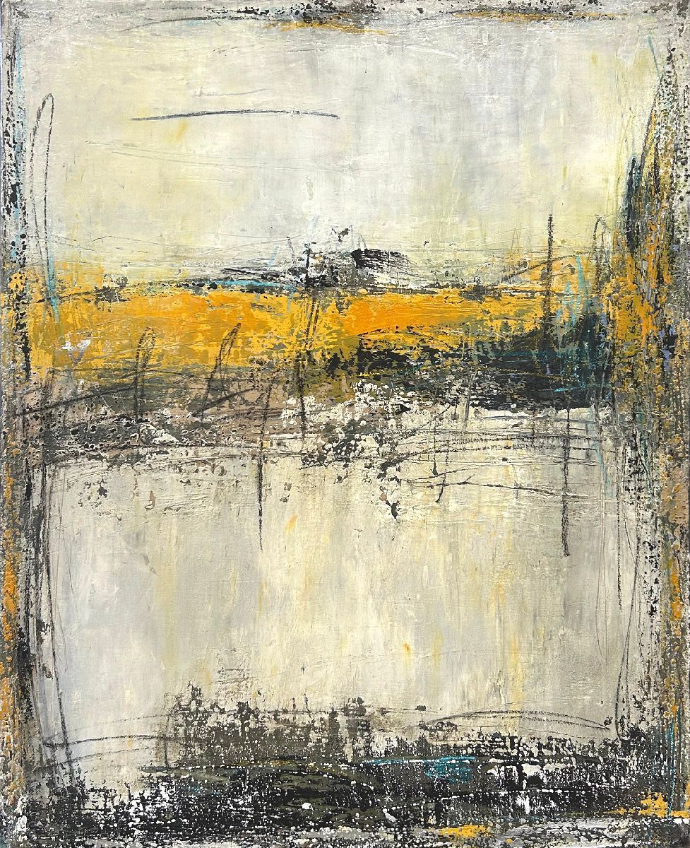 Tableau abstrait format xxl gris et jaune Nuances de nacre – TANIA CARRARA – 81 × 100 cm