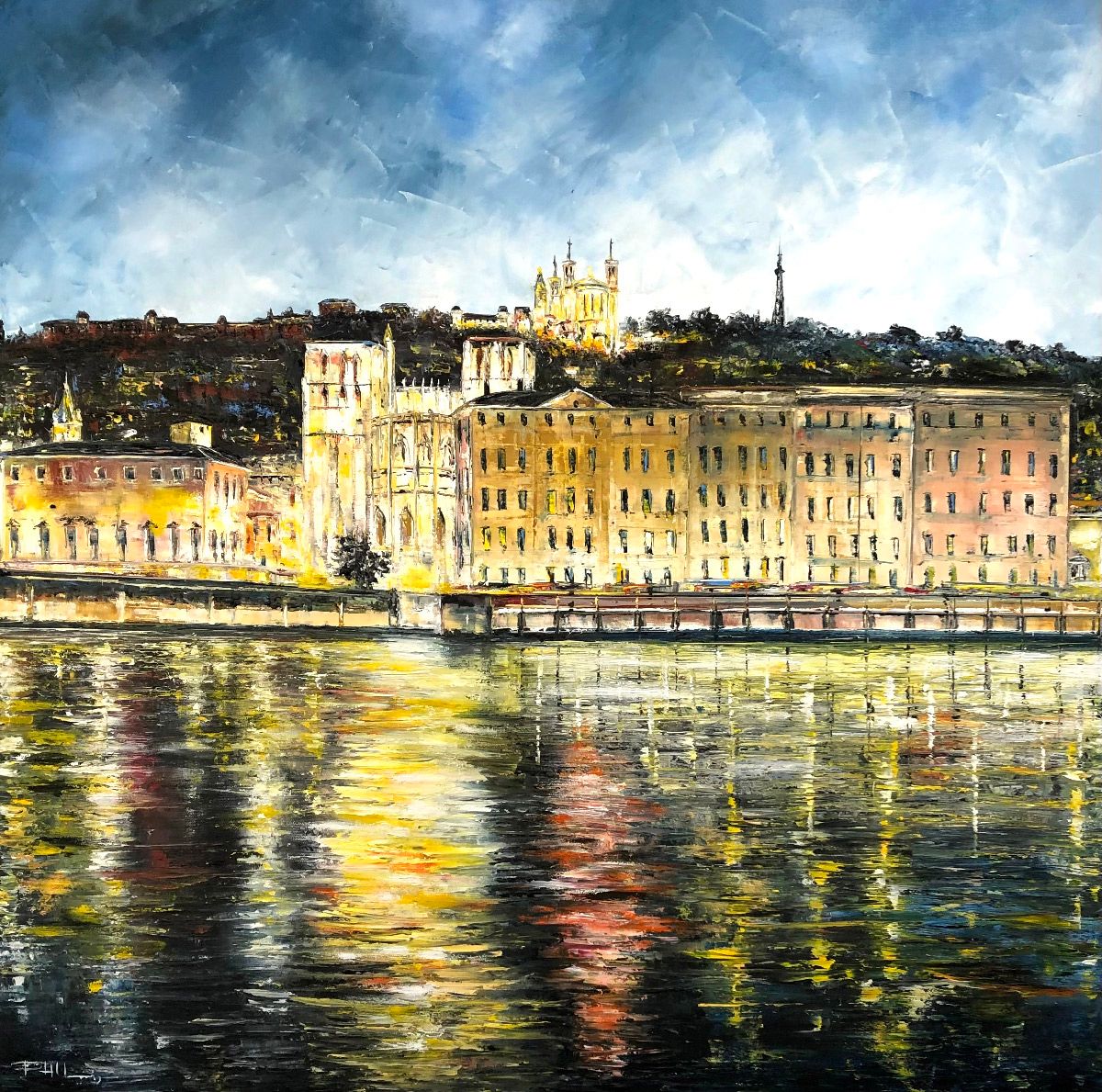 Tableau abstrait grand format jaune Quai de Saône, Lyon – PHIL – 90 × 90 cm