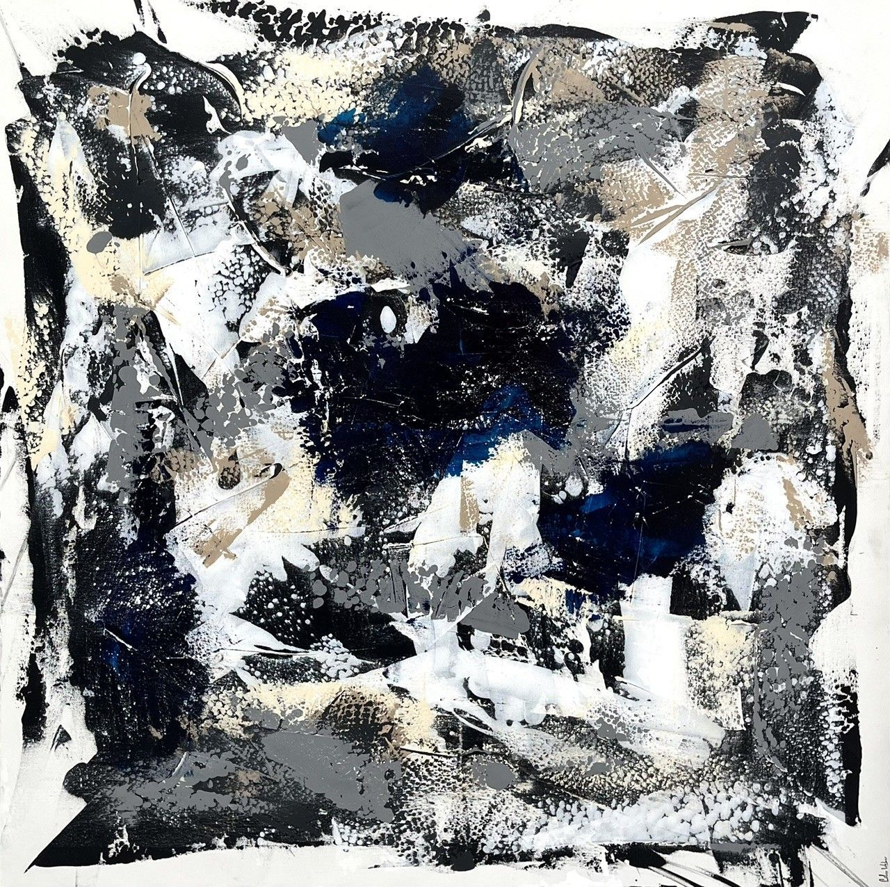 Tableau abstrait grande taille beige et blanc Fragments célestes – CELINE WEBER – 130 × 130 cm