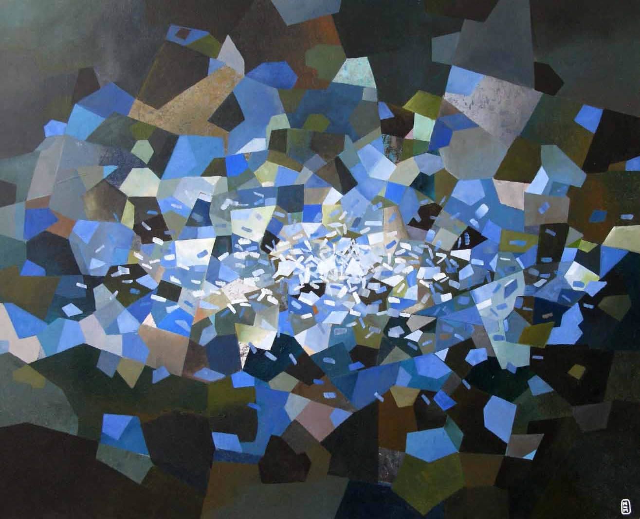 Tableau abstrait grande taille bleu TROPIQUE DU CANCER – N MAFFRE – 89 × 116 cm