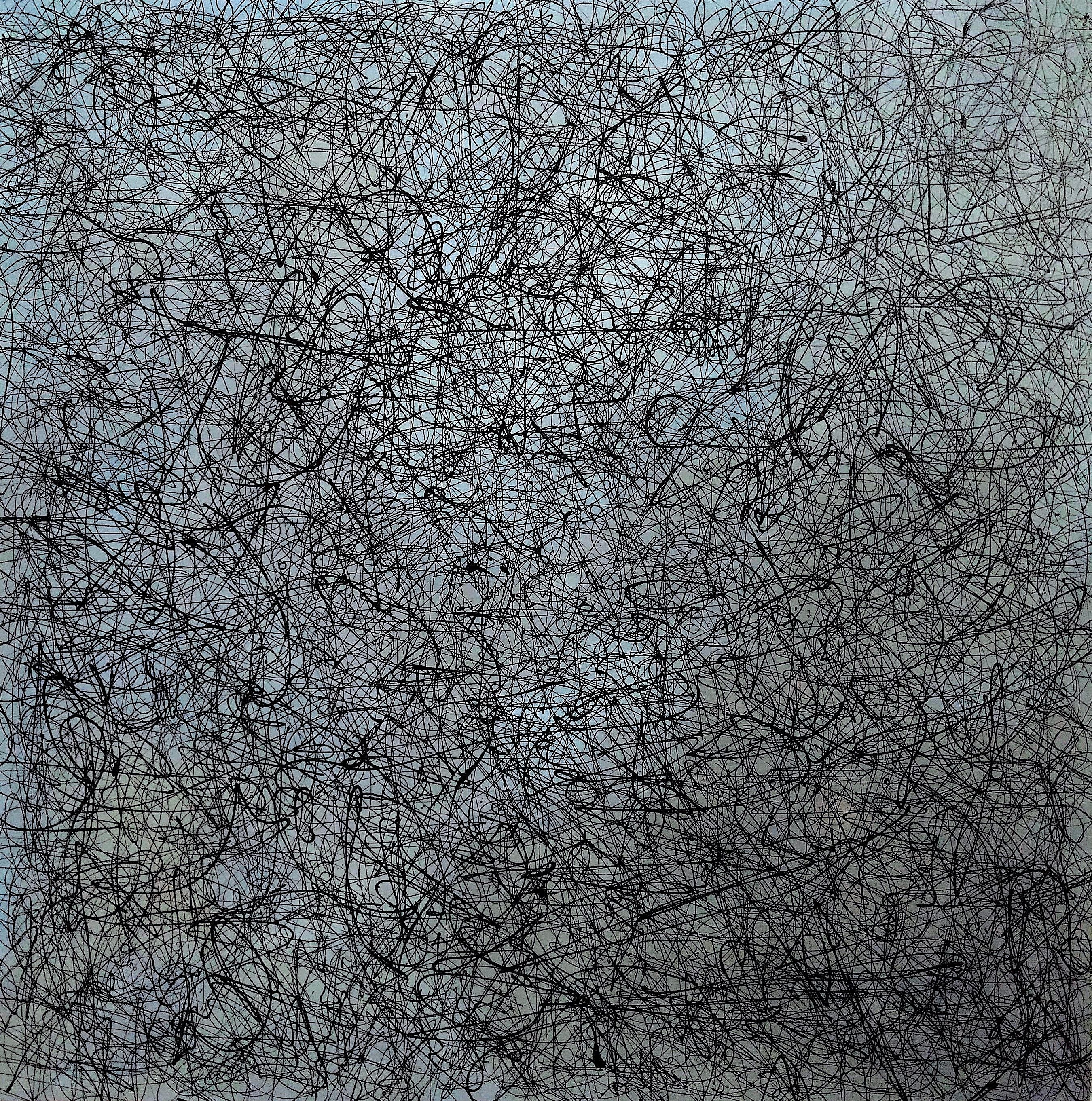 Tableau abstrait grande taille bleu et noir Blue ice – NASH – 120 × 120 cm