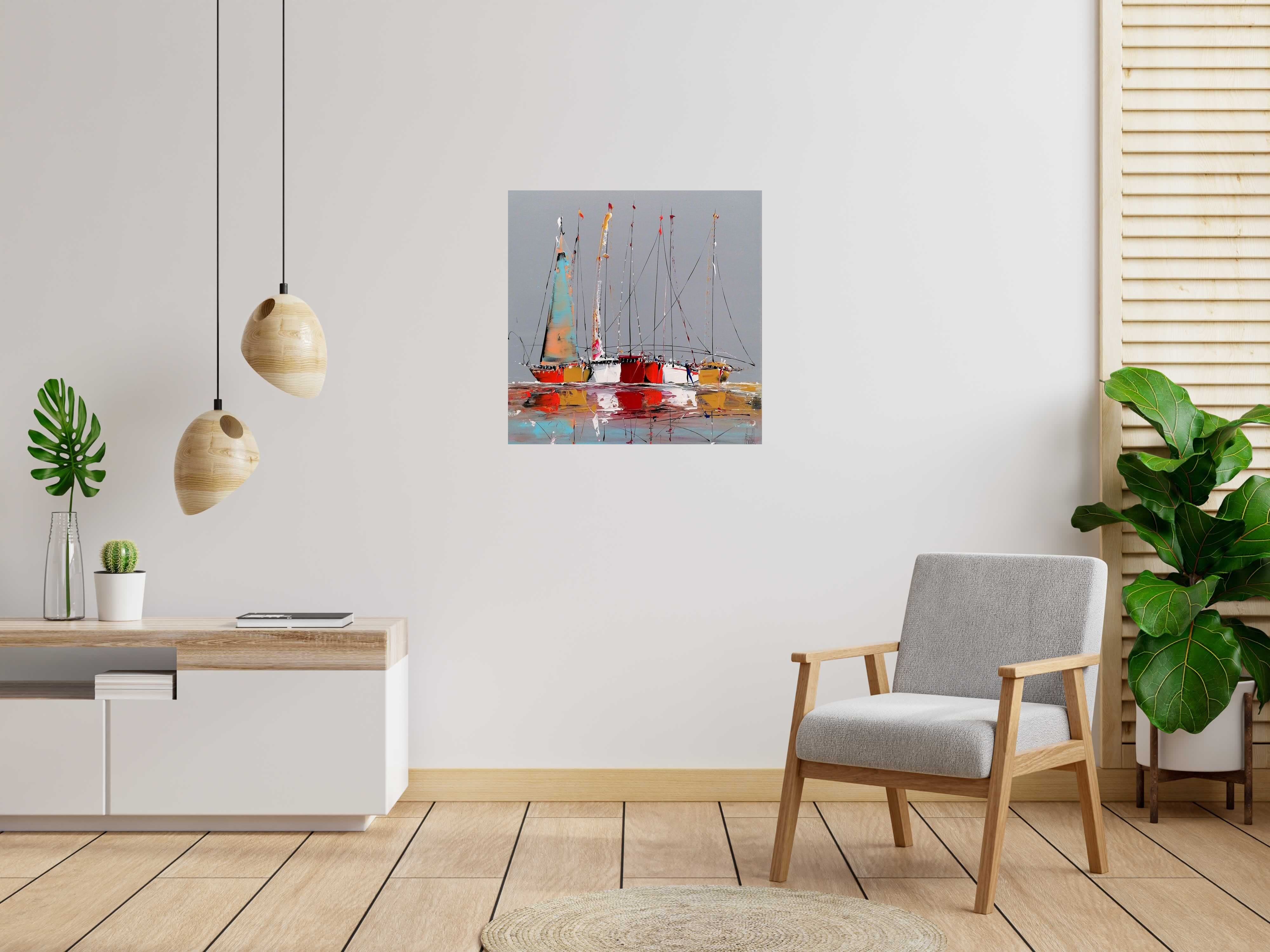 Tableau MARINE ABSTRAITE 2025-104 de F. BOUTET dans un intérieur – 80 × 80 cm