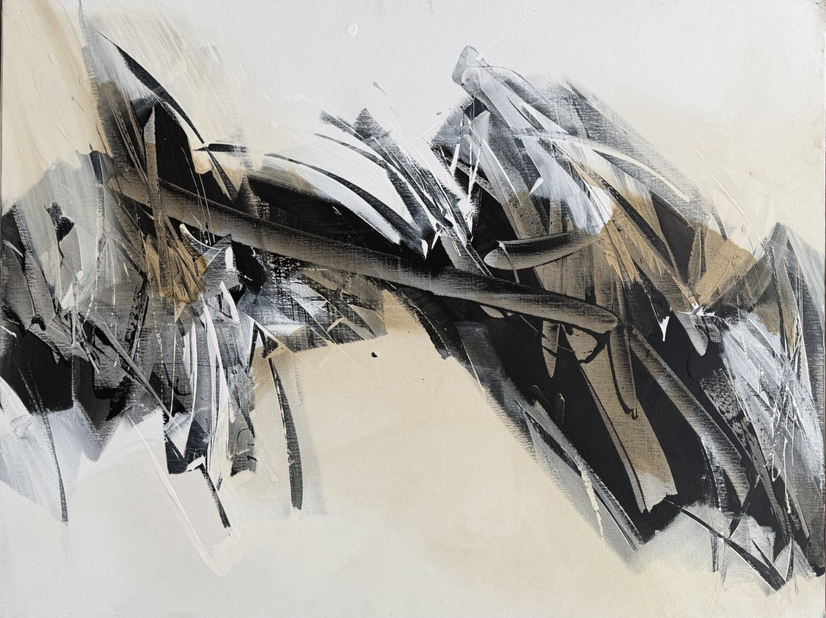 Tableau abstrait grand format en acrylique sur toile, tons noir et beige, de JM Barrois
