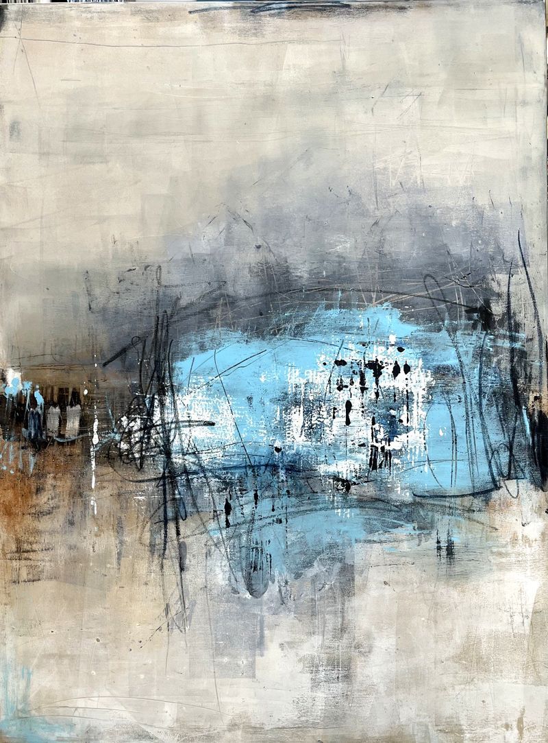 Tableau abstrait grande taille Sans-titre Blanc Bleu – TANIA CARRARA – 97 × 130 cm