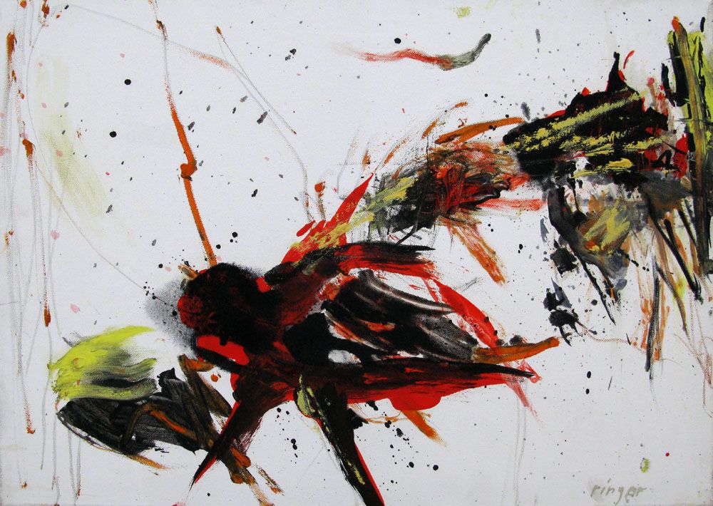Tableau abstrait moyen format blanc et rouge SANS TITRE – RINGER HERVE – 70 × 50 cm