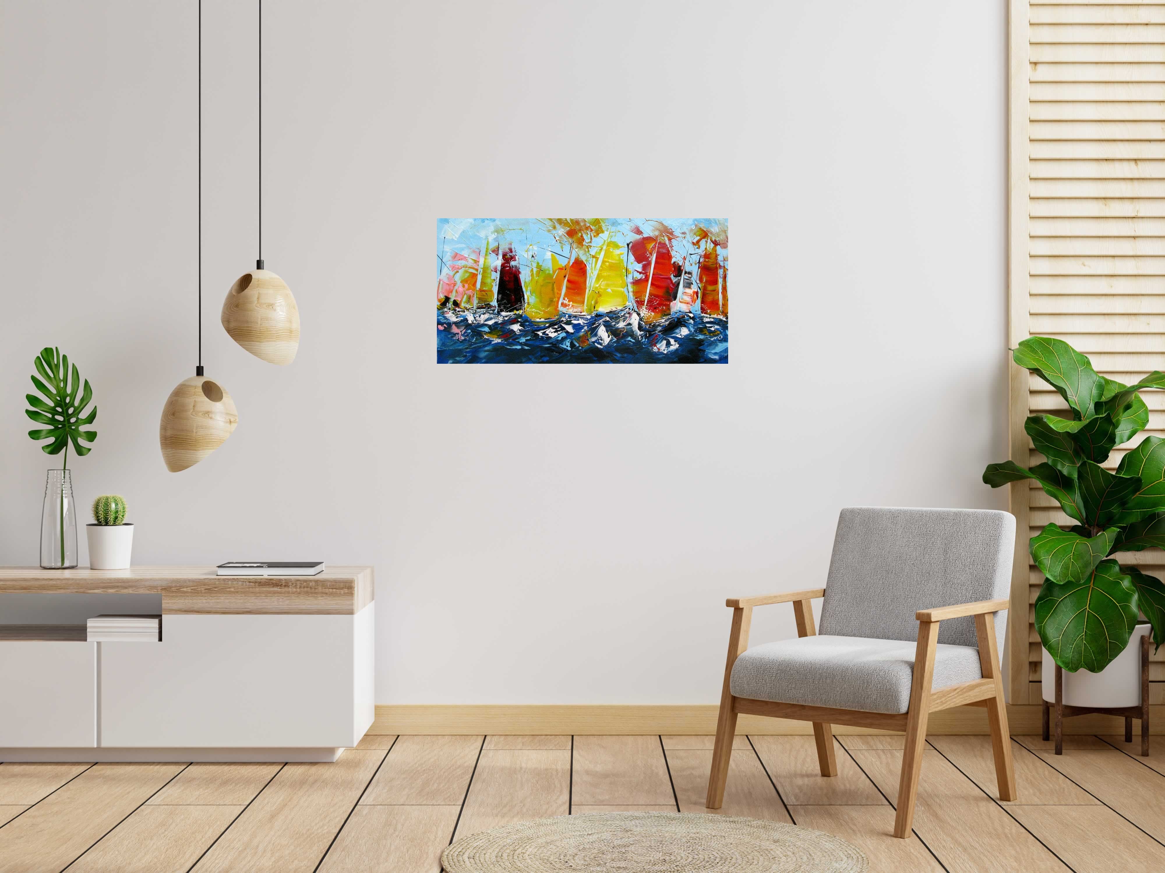 Tableau MARINE ABSTRAITE 2024-49 de F. BOUTET dans un intérieur – 100 × 50 cm