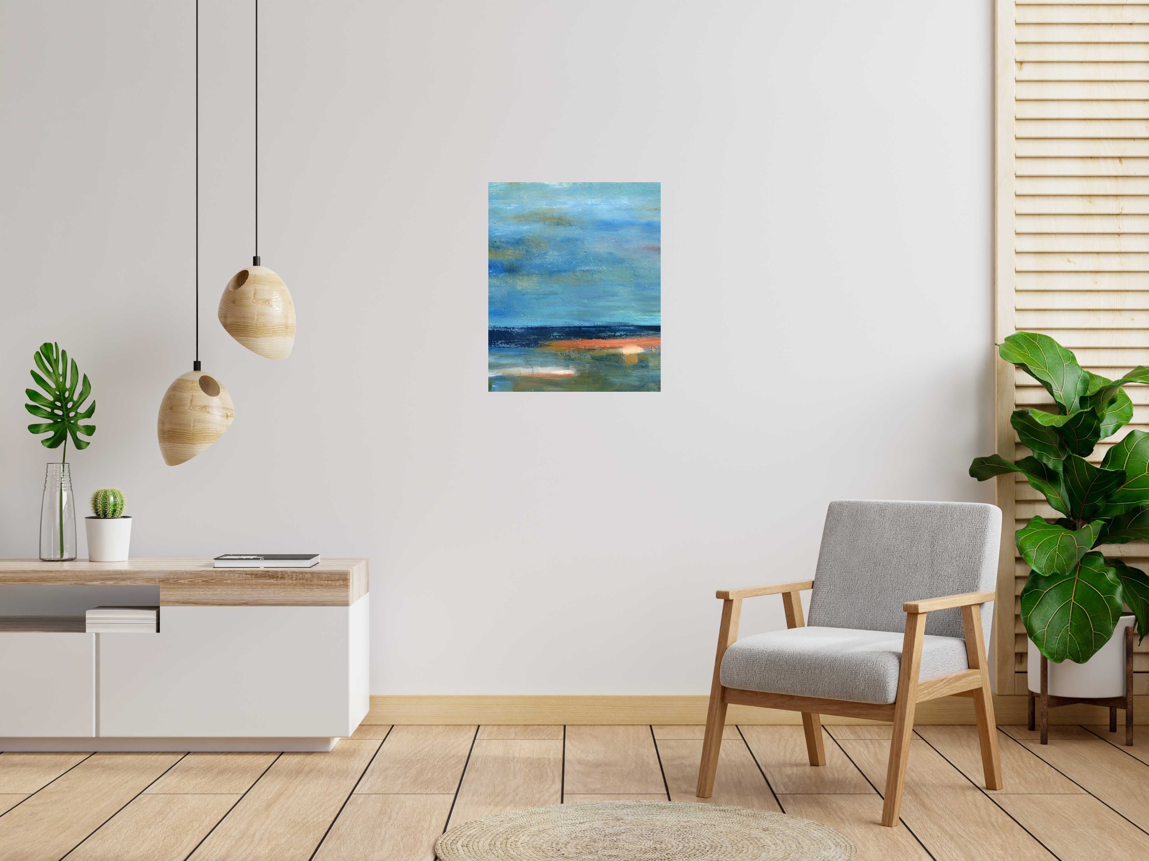 Tableau Eaux vertes de PASCALE JACQUEMOND dans un intérieur – 60 × 73 cm