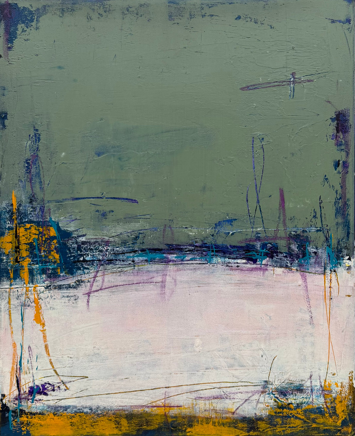 Tableau abstrait vert et jaune en acrylique sur toile, Nuances Végétales de Tania Carrara, 50 x 61 cm