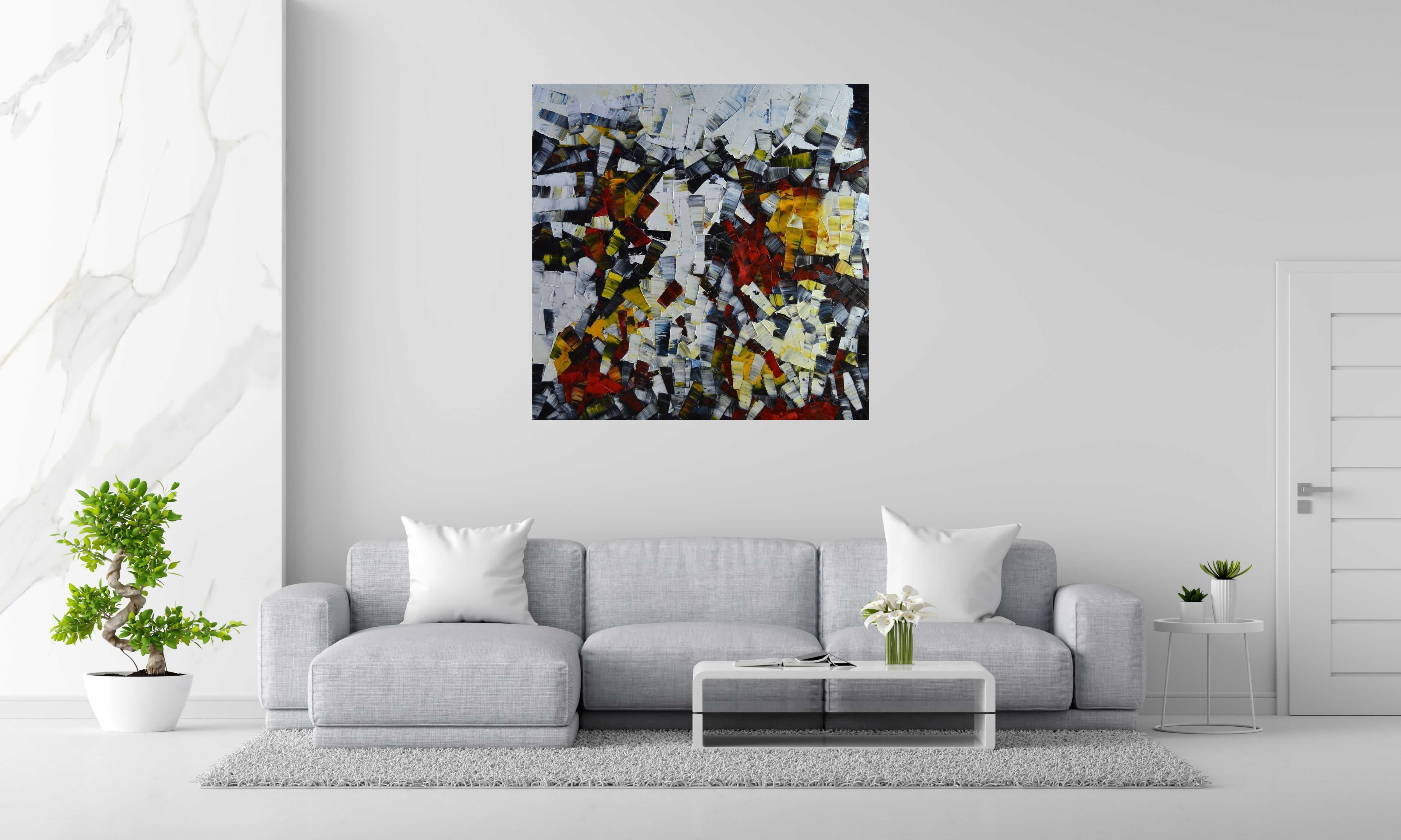 Tableau Peinture abstraite 04-2025-27 de ALAIN BECANNE dans un intérieur – 120 × 120 cm