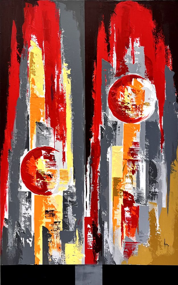 Tableau abstrait très grand format bleu Peinture abstraite : Tout feu tout flamme – FARID AMRAR – 100 × 160 cm
