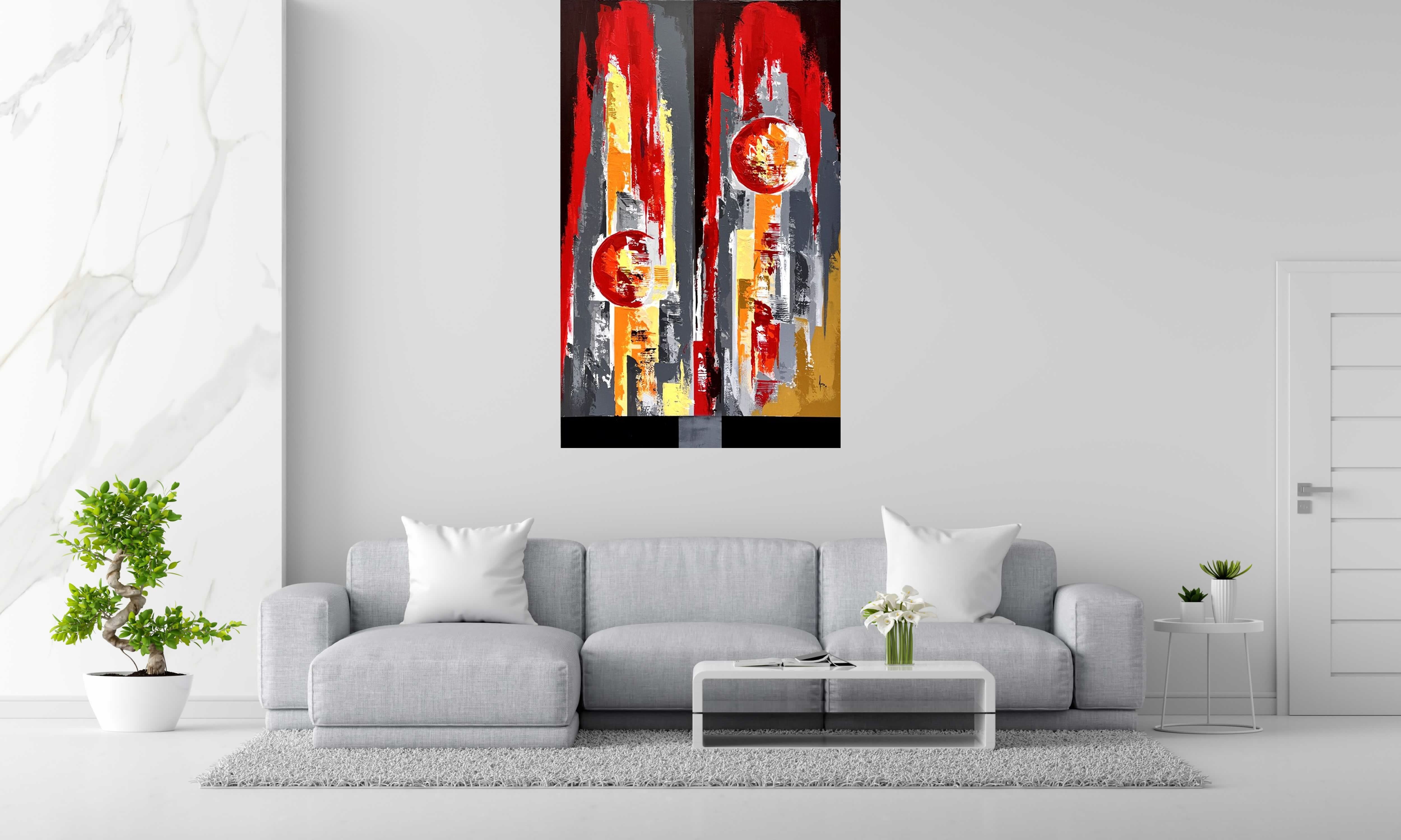 Tableau Peinture abstraite : Tout feu tout flamme de FARID AMRAR dans un intérieur – 100 × 160 cm