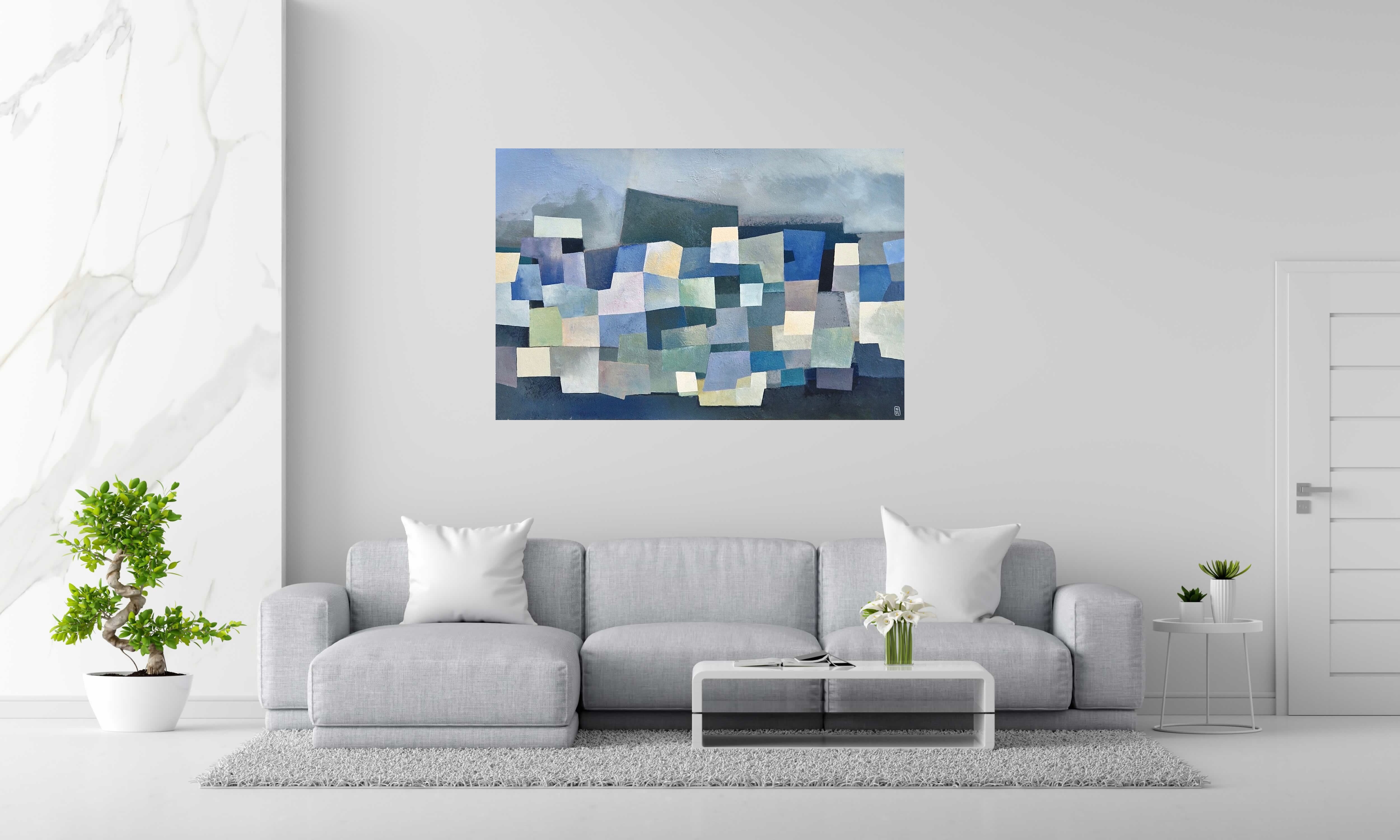 Tableau Blue Moon de N MAFFRE dans un intérieur – 146 × 97 cm