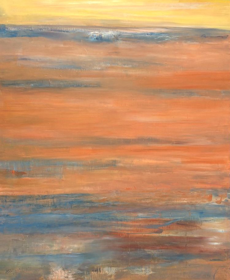 Tableau abstrait très grand format Sables oranges – PASCALE JACQUEMOND – 130 × 162 cm