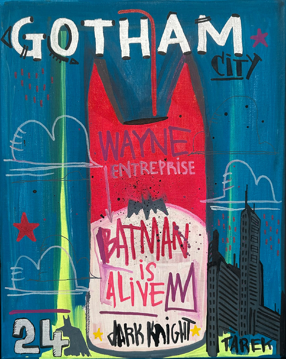 Tableau street art de Tarek, Batman is alive, technique mixte sur toile, 33 x 41 cm, bleu et rouge