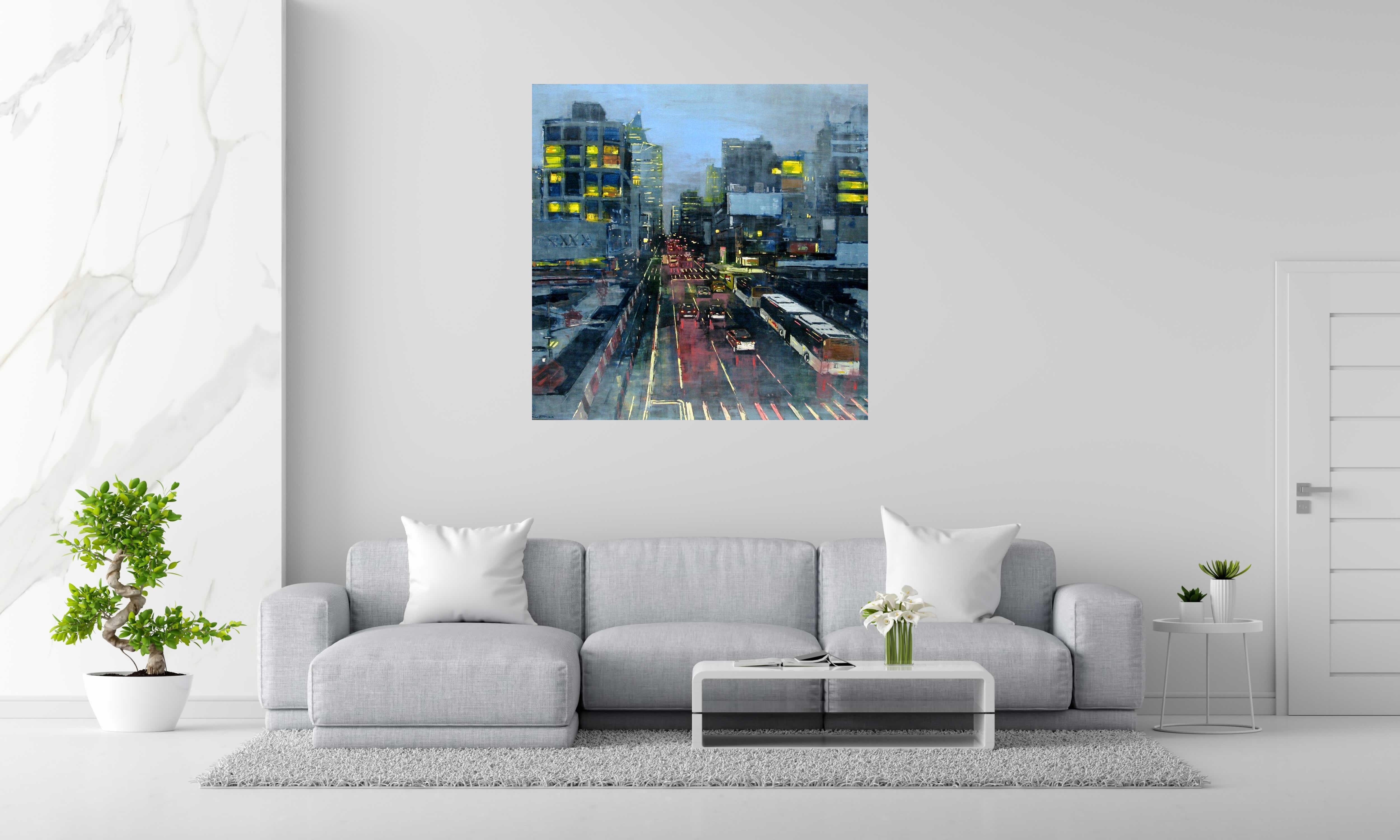 Tableau Manhattan evening lights de ADRIEN FAVEAU dans un intérieur – 120 × 120 cm