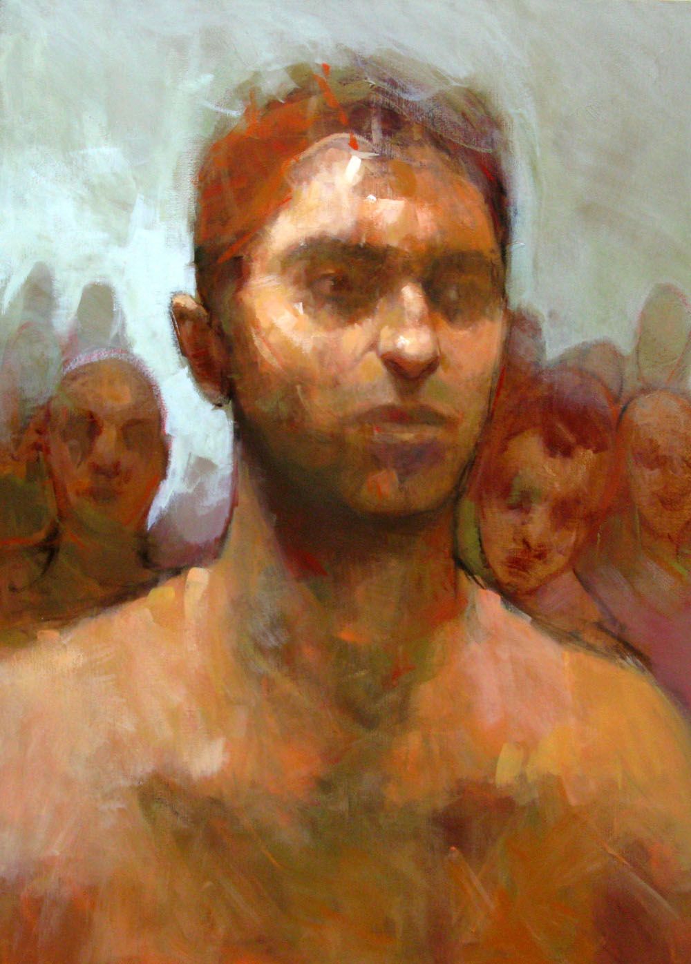 Tableau figuratif format xxl beige et vert THE THEBAN – OLIVIER MASSEBEUF – 130 × 89 cm