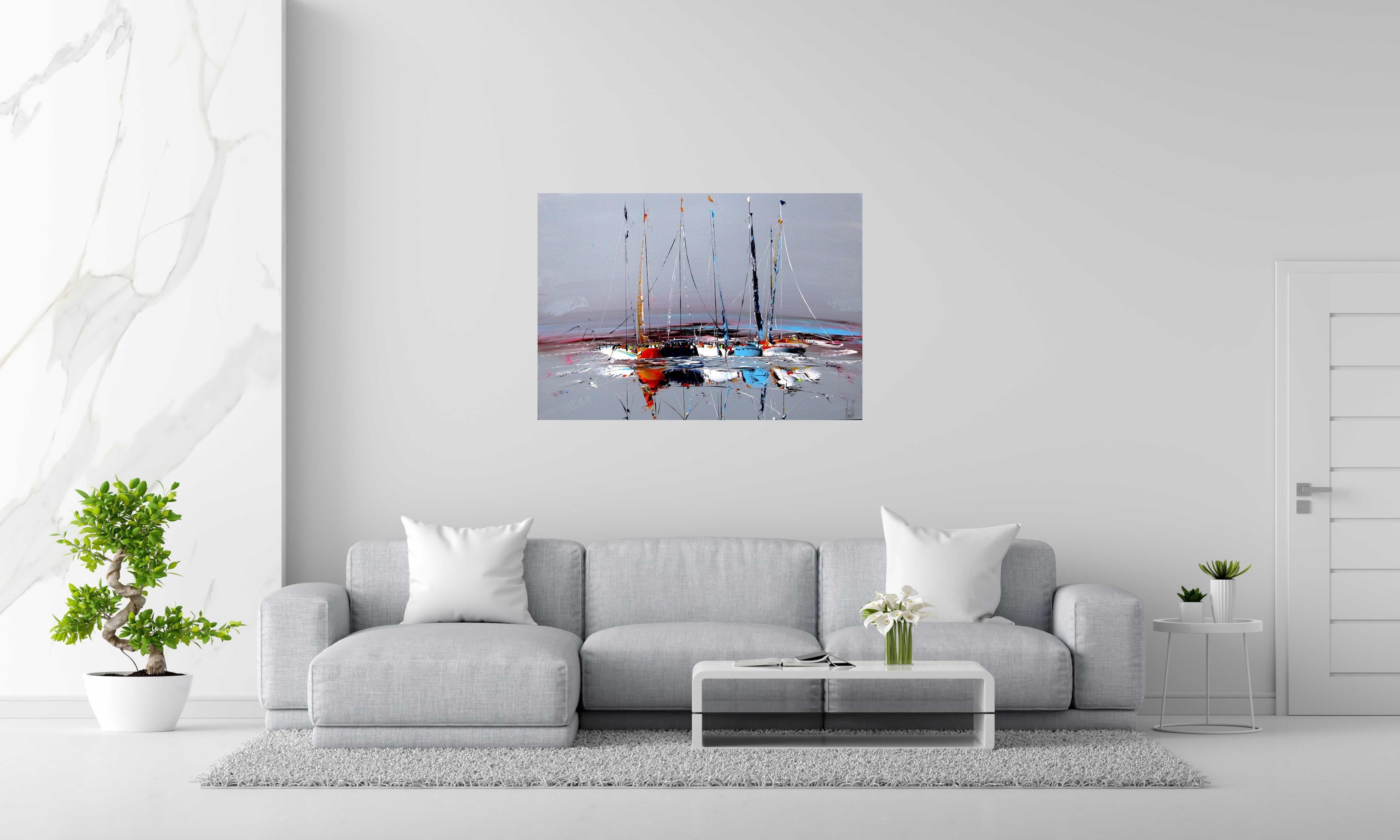 Tableau MARINE ABSTRAITE 97 de F. BOUTET dans un intérieur – 116 × 81 cm