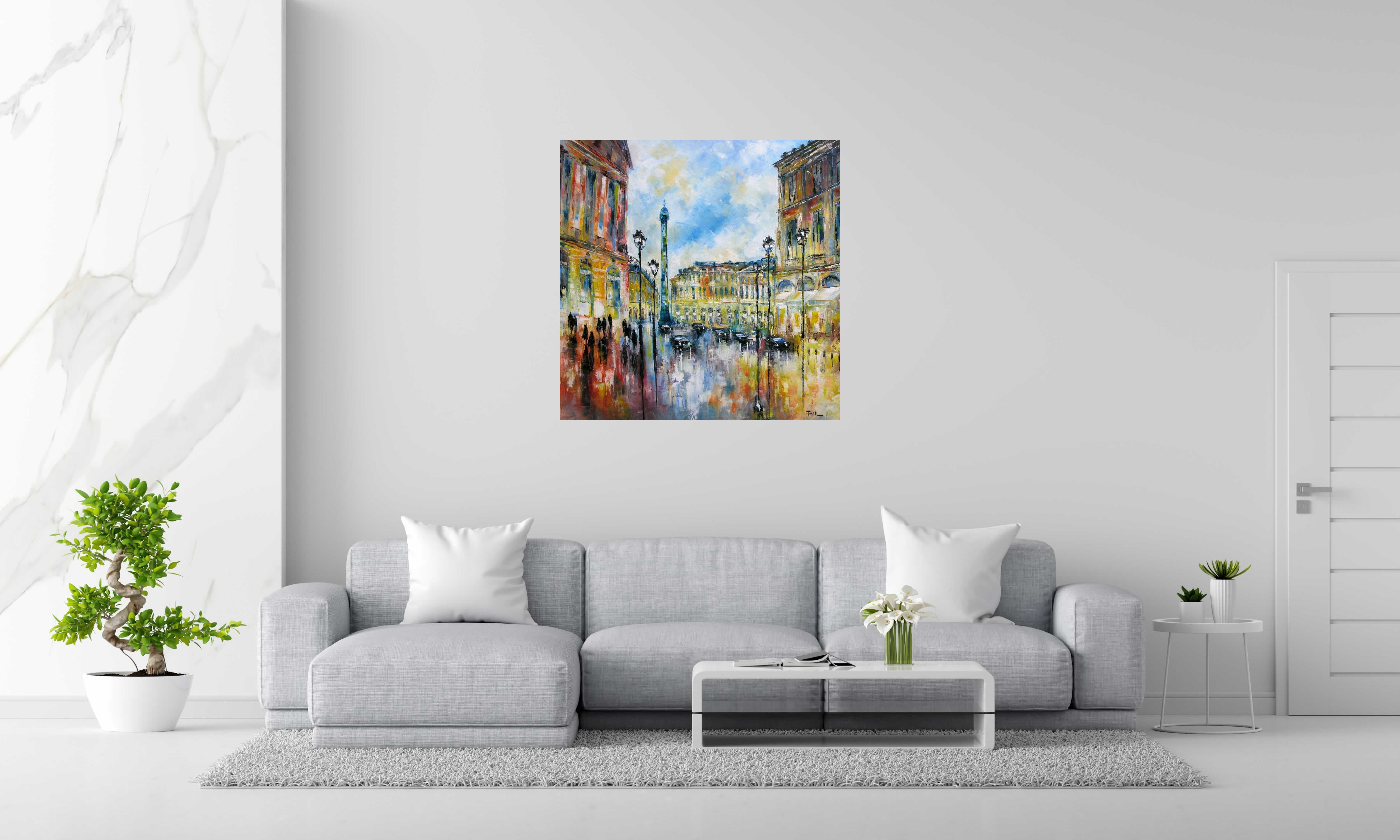 Tableau Arrivée à la Place Vendôme, Paris de PHIL dans un intérieur – 100 × 100 cm